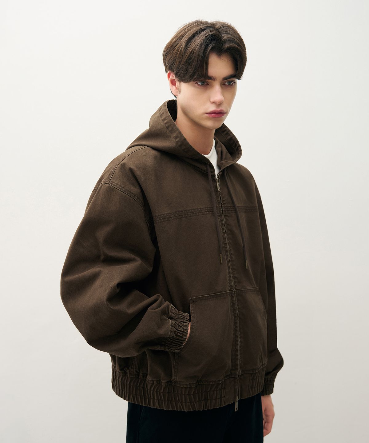 드로우핏(DRAW FIT) 워시드 오버 데님 후드 집업 자켓 [VINTAGE BROWN]