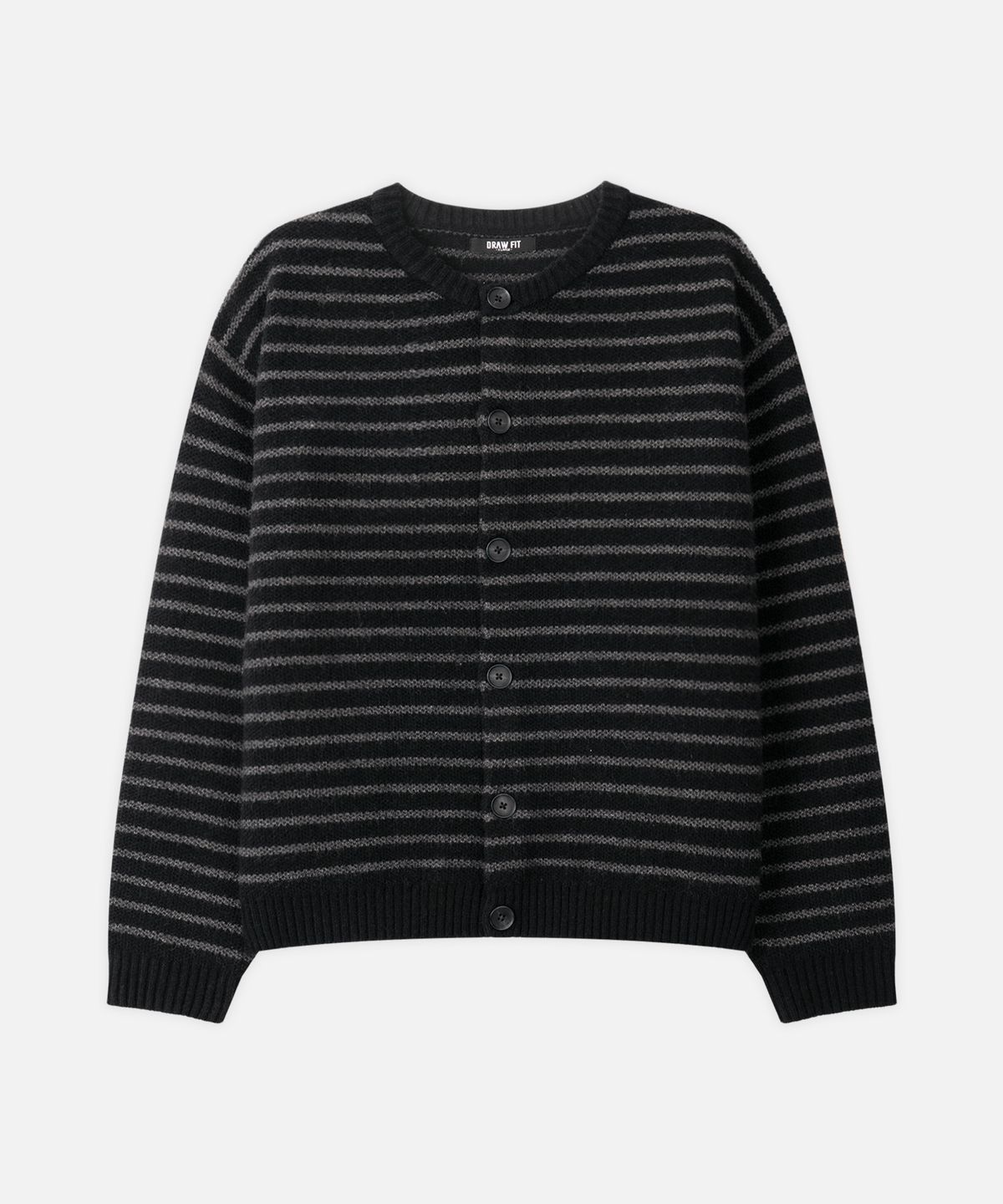 드로우핏(DRAW FIT) 스트라이프 헤어리 크롭 라운드 가디건 [BLACK]