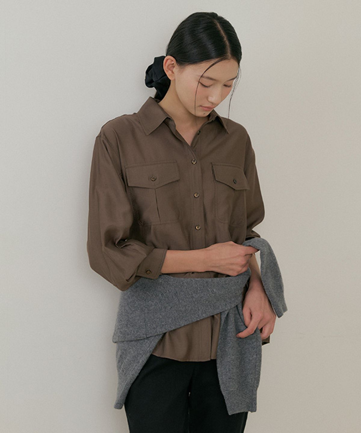 링서울(LINGSEOUL) sheer pocket shirt-brown