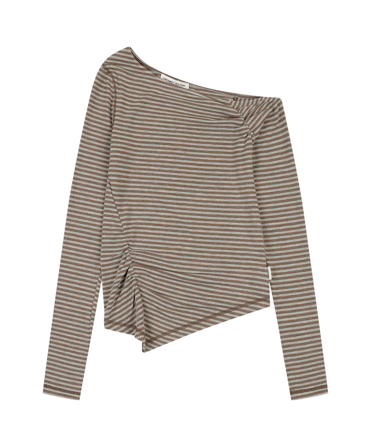 오디너리 홀리데이(ORDINARY HOLIDAY) STRIPE ASYMMETRIC SHIRRING T-SHIRT [BROWN]
