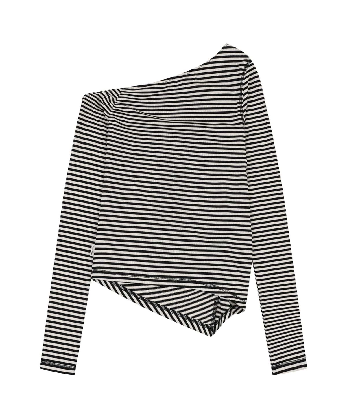 오디너리 홀리데이(ORDINARY HOLIDAY) STRIPE ASYMMETRIC SHIRRING T-SHIRT [IVORY]