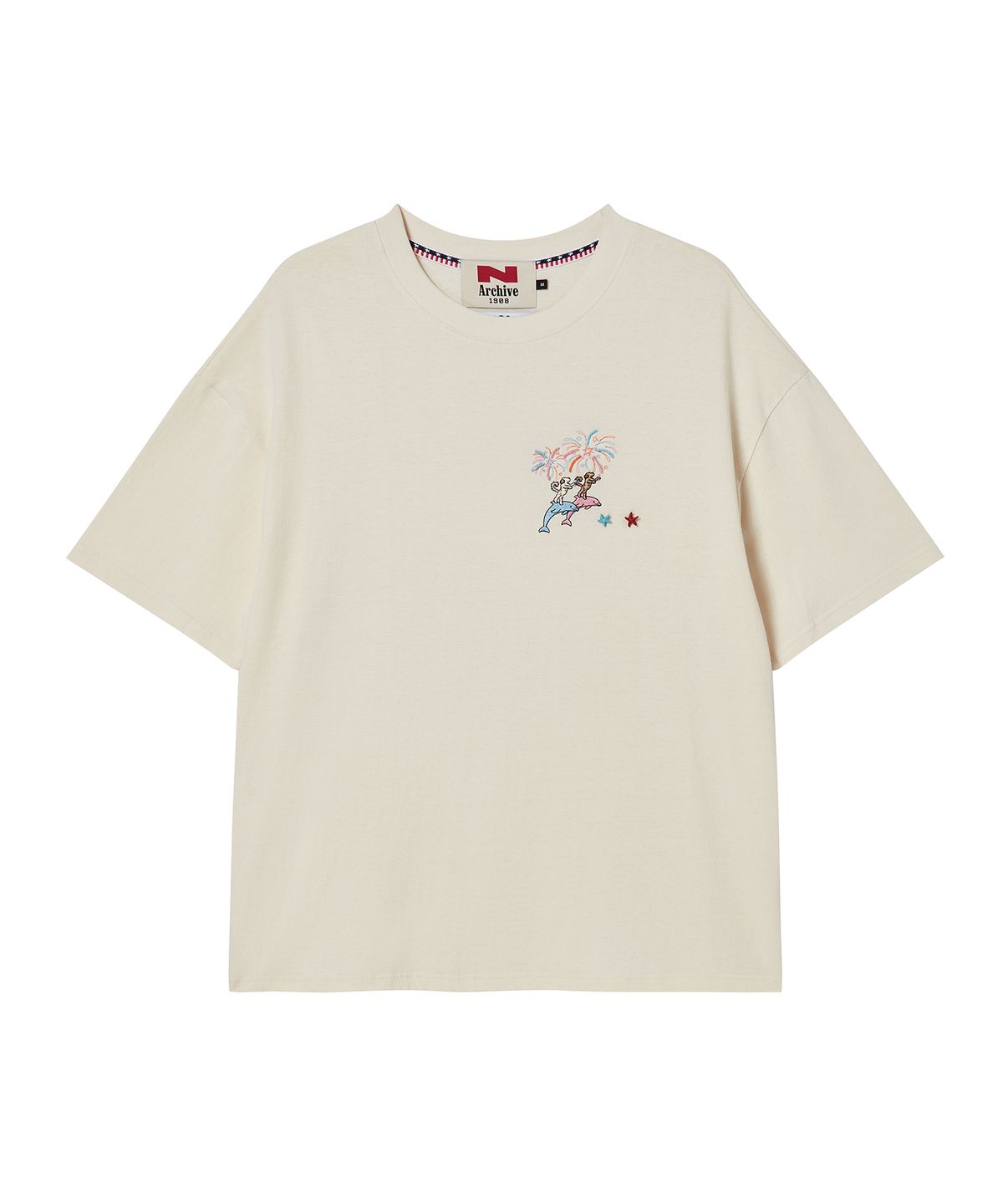 비욘드클로젯(BEYOND CLOSET) [COLLECTION LINE] 핸드 메이드 비즈 디테일 워싱 반팔 티셔츠 워시드 아이보리