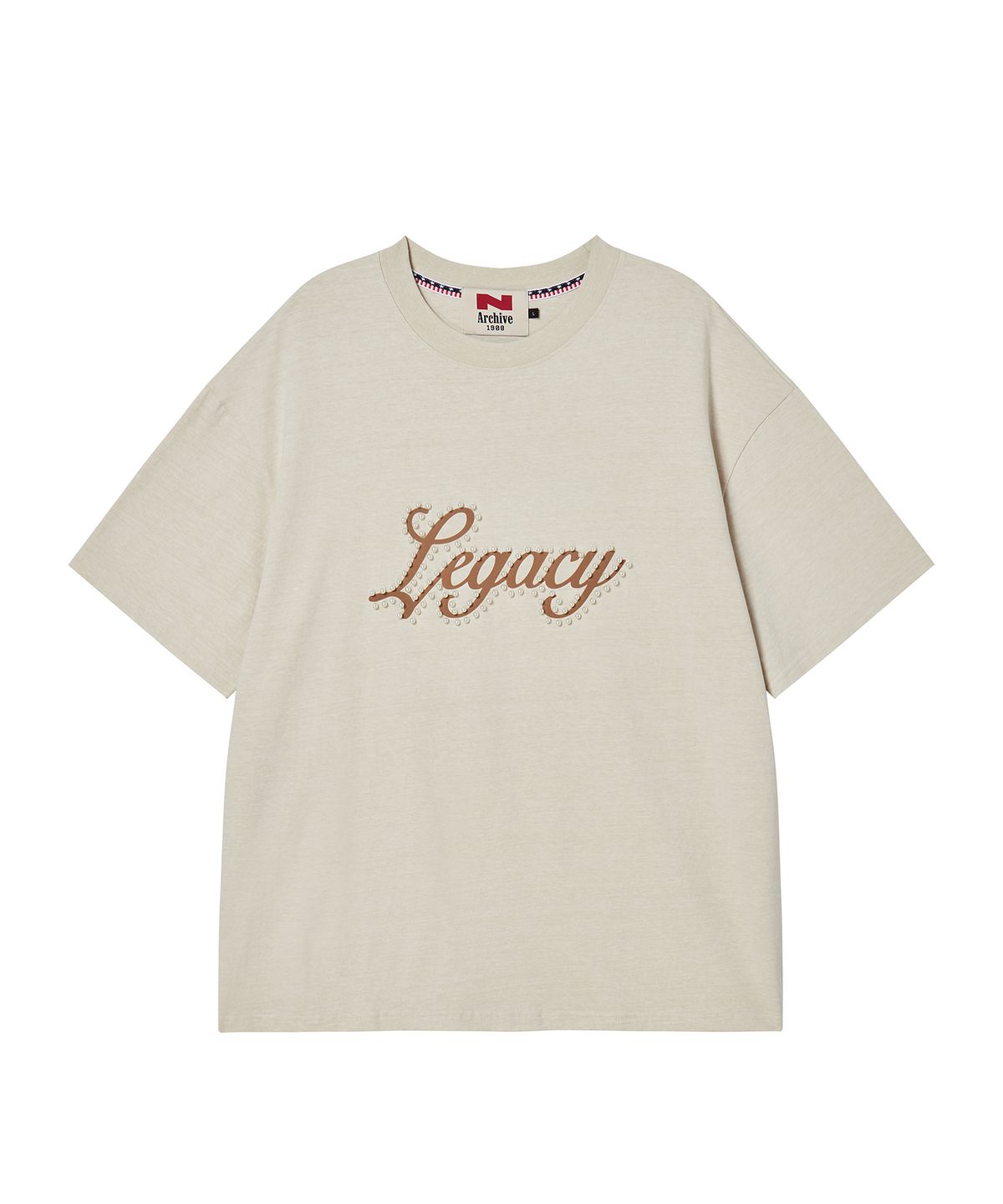 비욘드클로젯(BEYOND CLOSET) [COLLECTION LINE] 진주 디테일 아카이브 피그먼트 워싱 반팔 티셔츠 워시드 아이보리