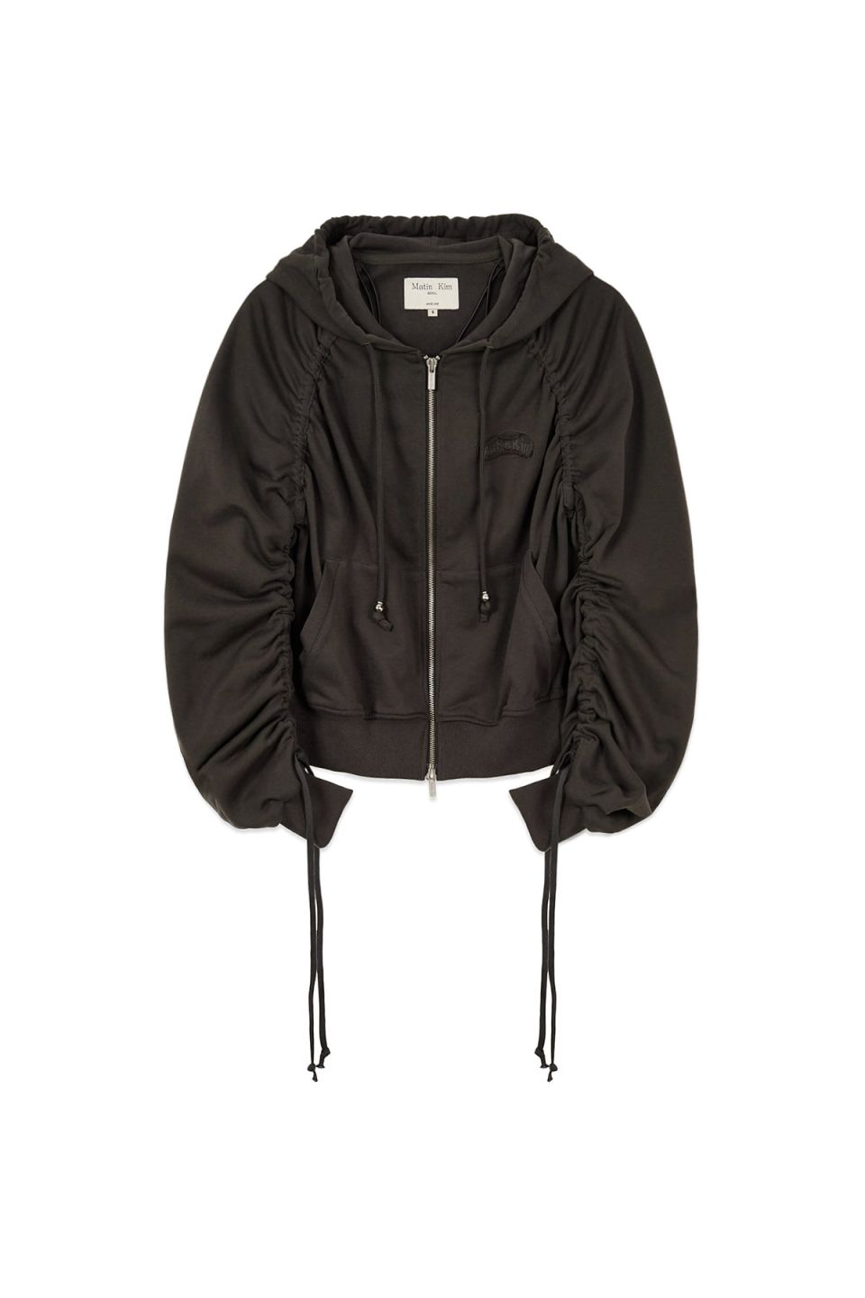 MUSINSA | MATIN KIM SLEEVE STRING DETAIL HOODY ZIP UP IN CHARCOAL