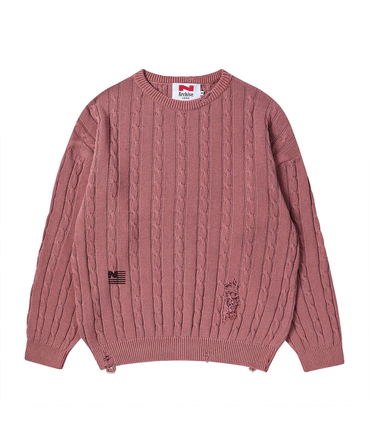 비욘드클로젯(BEYOND CLOSET) [COLLECTION LINE] 빈티지 데미지 포인트 케이블 니트 덜 핑크