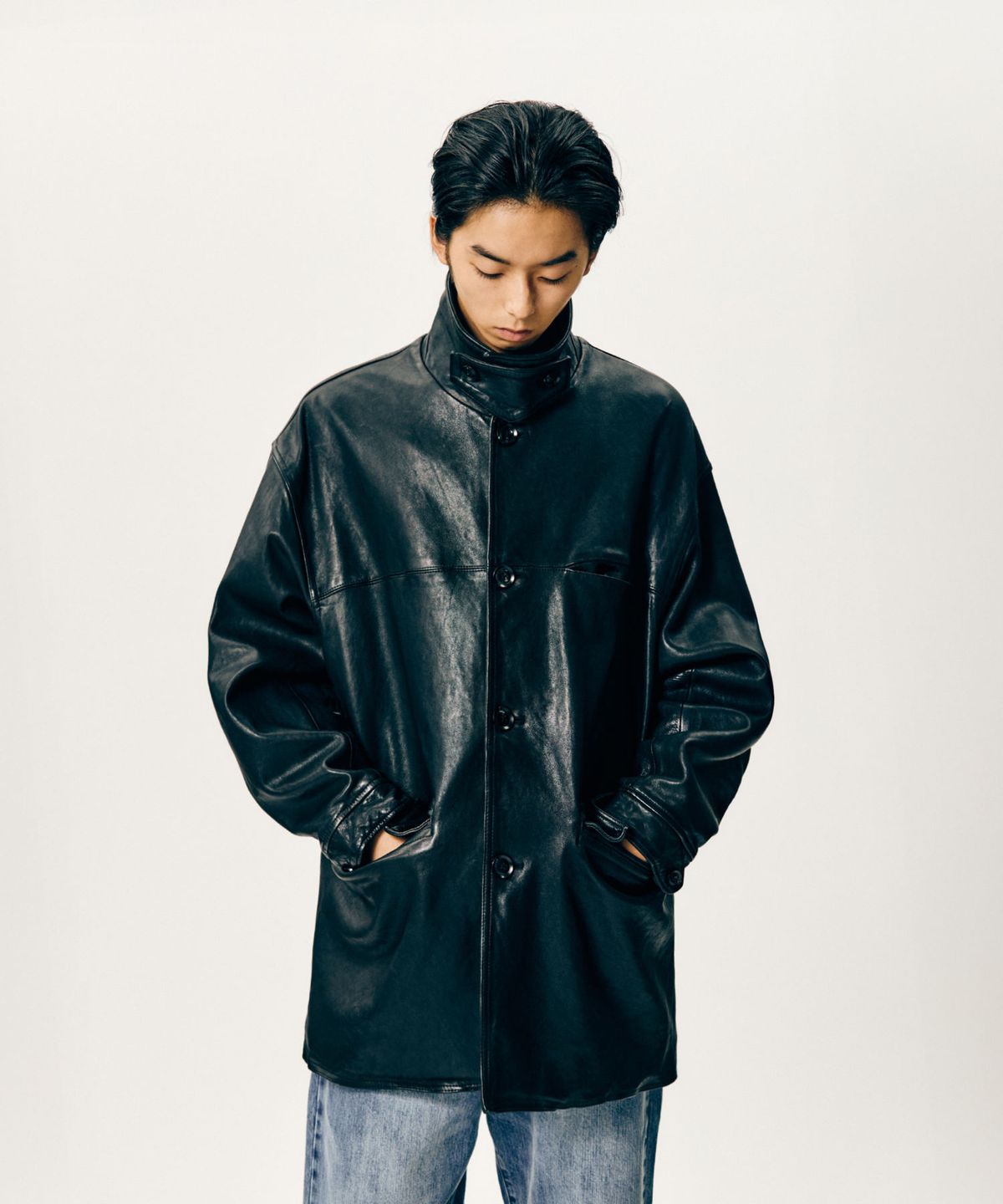 에스피오나지(ESPIONAGE) Washed Sheepskin Car Coat Black
