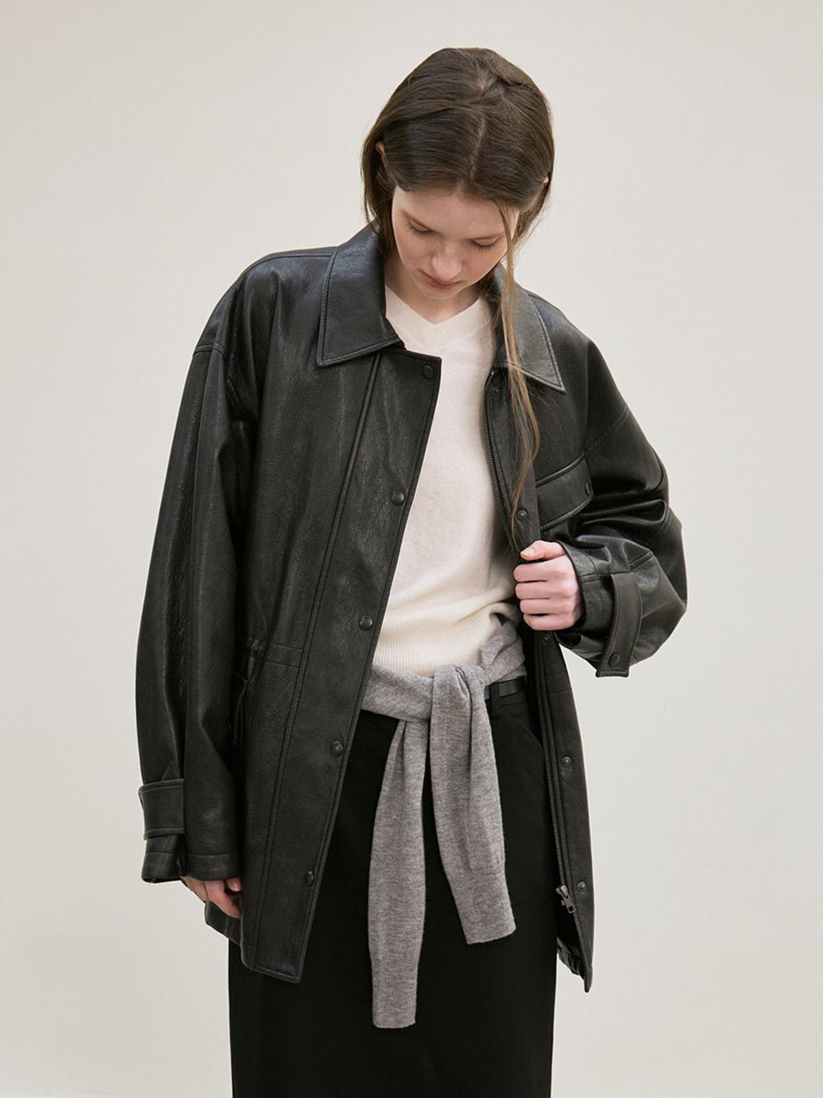 르(LE) faux leather field jacket (black)