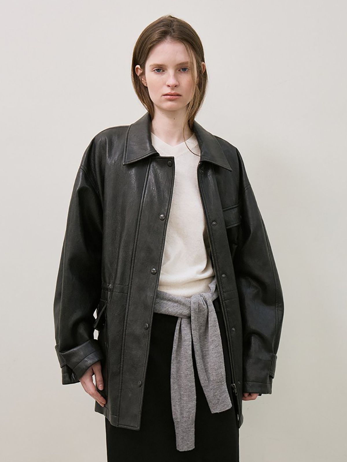 르(LE) faux leather field jacket (black)