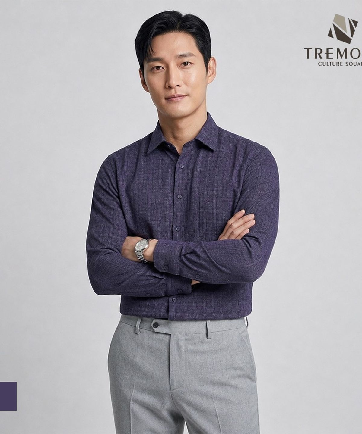 트레몰로(TREMOLO) 솔리드라이크 잔체크 드레스셔츠_TGBTL3Z7431