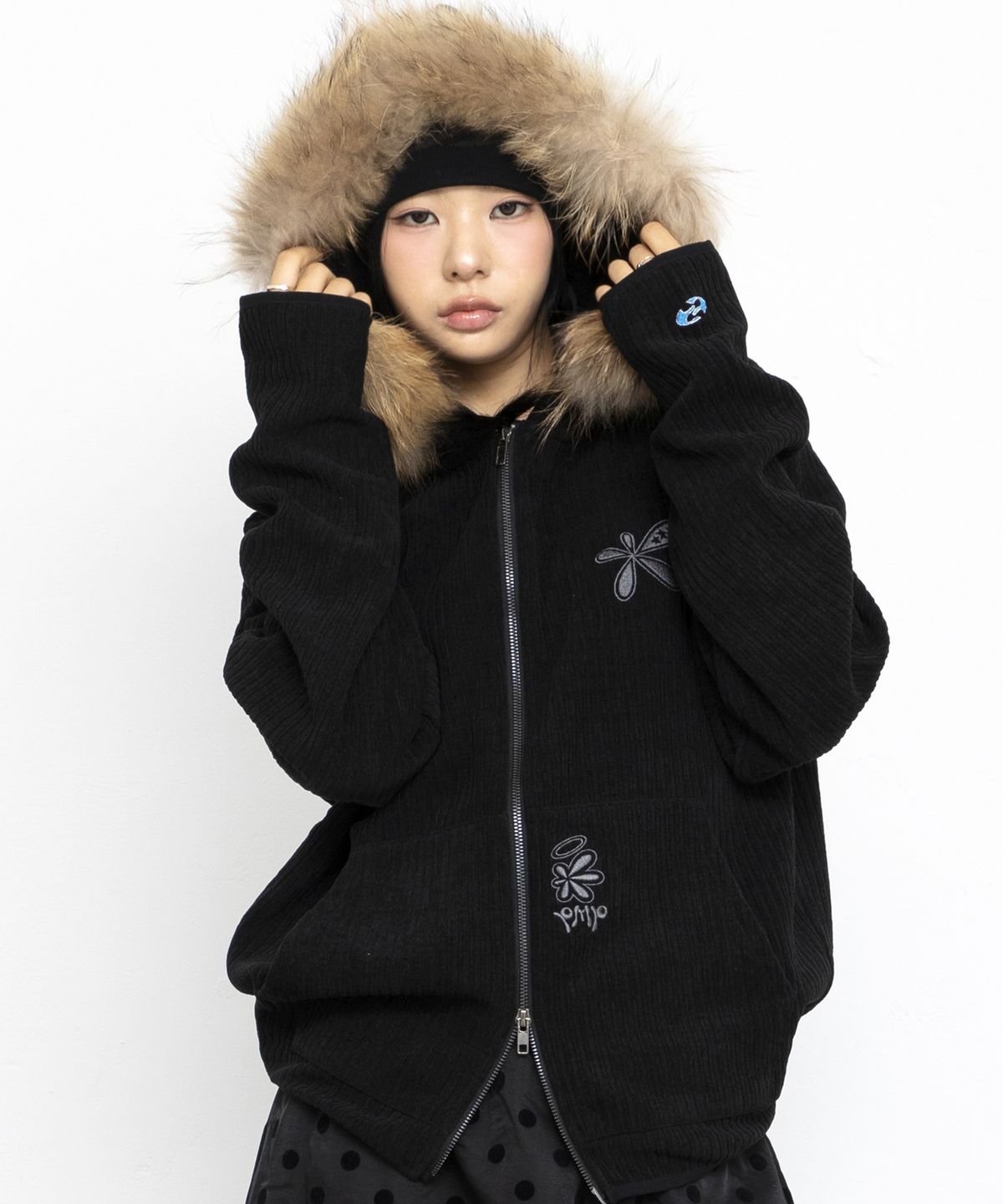 글랙(GLACK) GZHD002 드로플랫 라쿤 퍼 집업 후드 (BLACK)