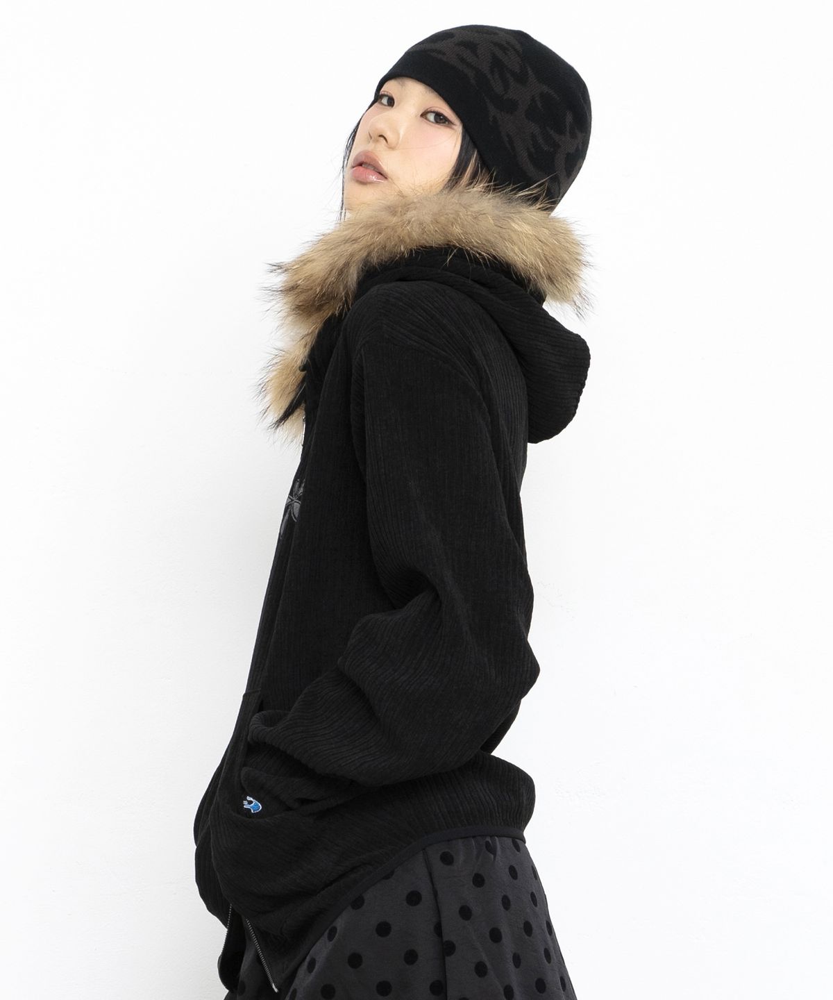 글랙(GLACK) GZHD002 드로플랫 라쿤 퍼 집업 후드 (BLACK)
