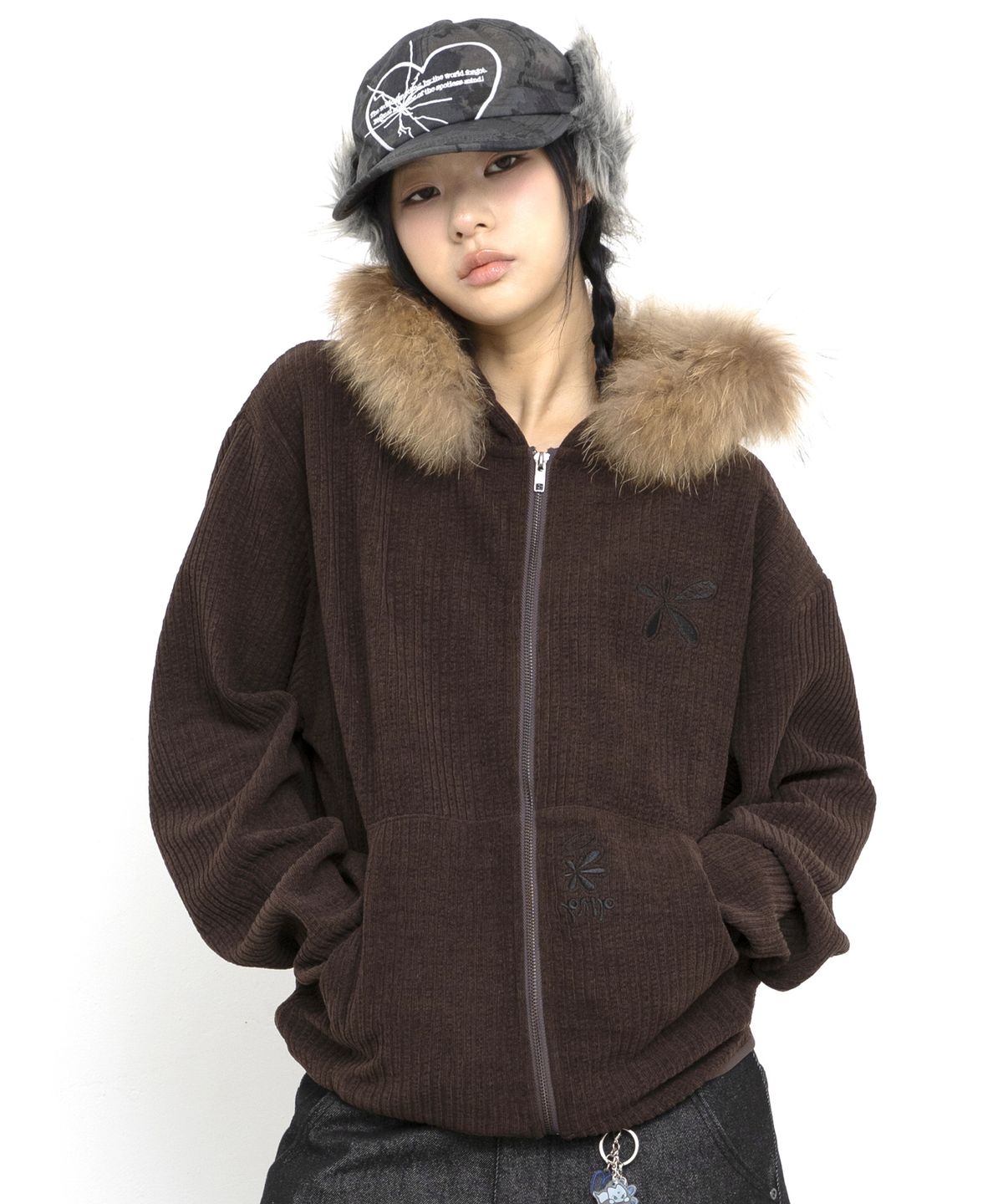 글랙(GLACK) GZHD002 드로플랫 라쿤 퍼 집업 후드 (BROWN)