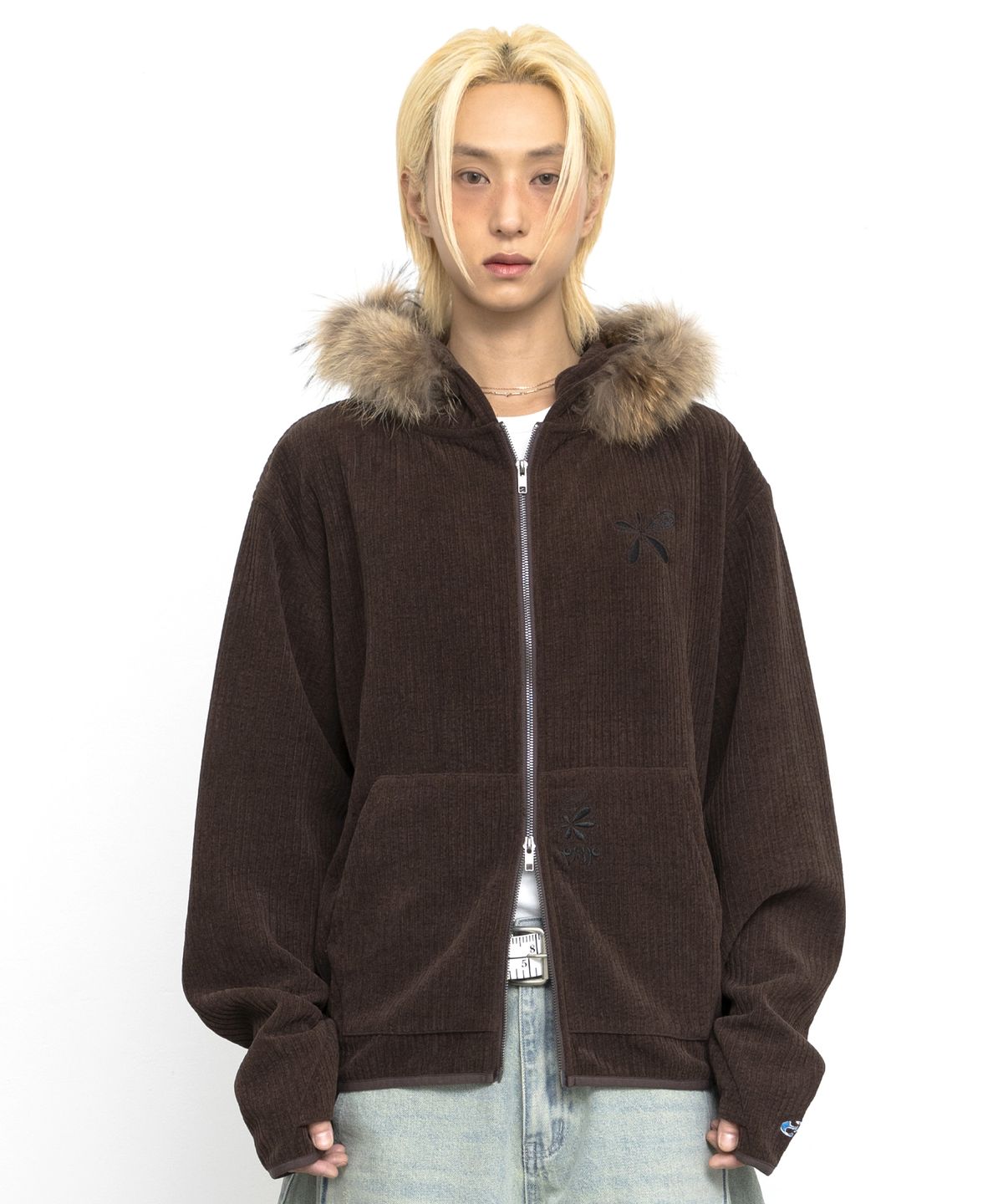 글랙(GLACK) GZHD002 드로플랫 라쿤 퍼 집업 후드 (BROWN)