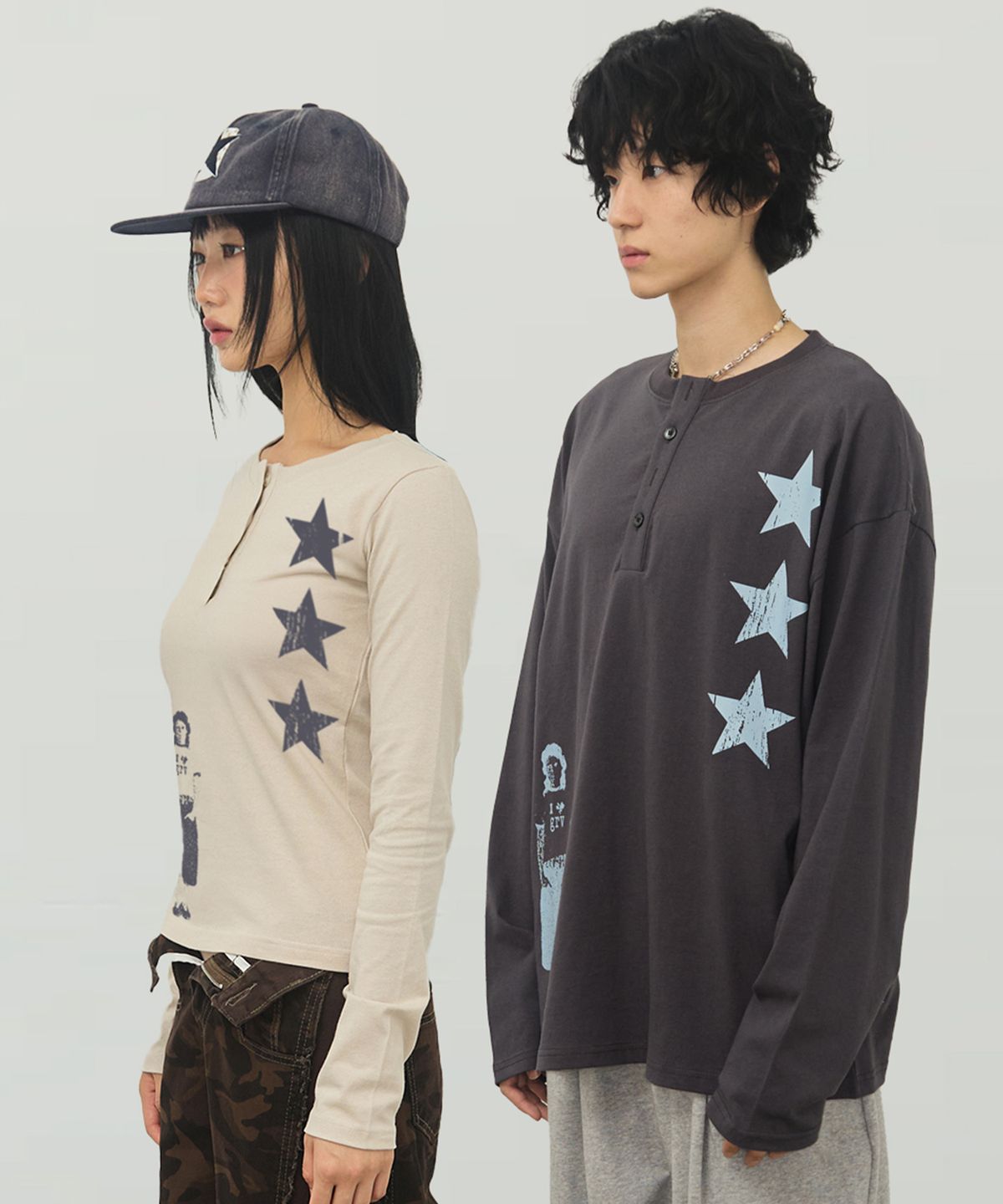 그레이버(GRAVER) [UNISEX]STAR 3 헨리넥 롱슬리브 티셔츠_3color