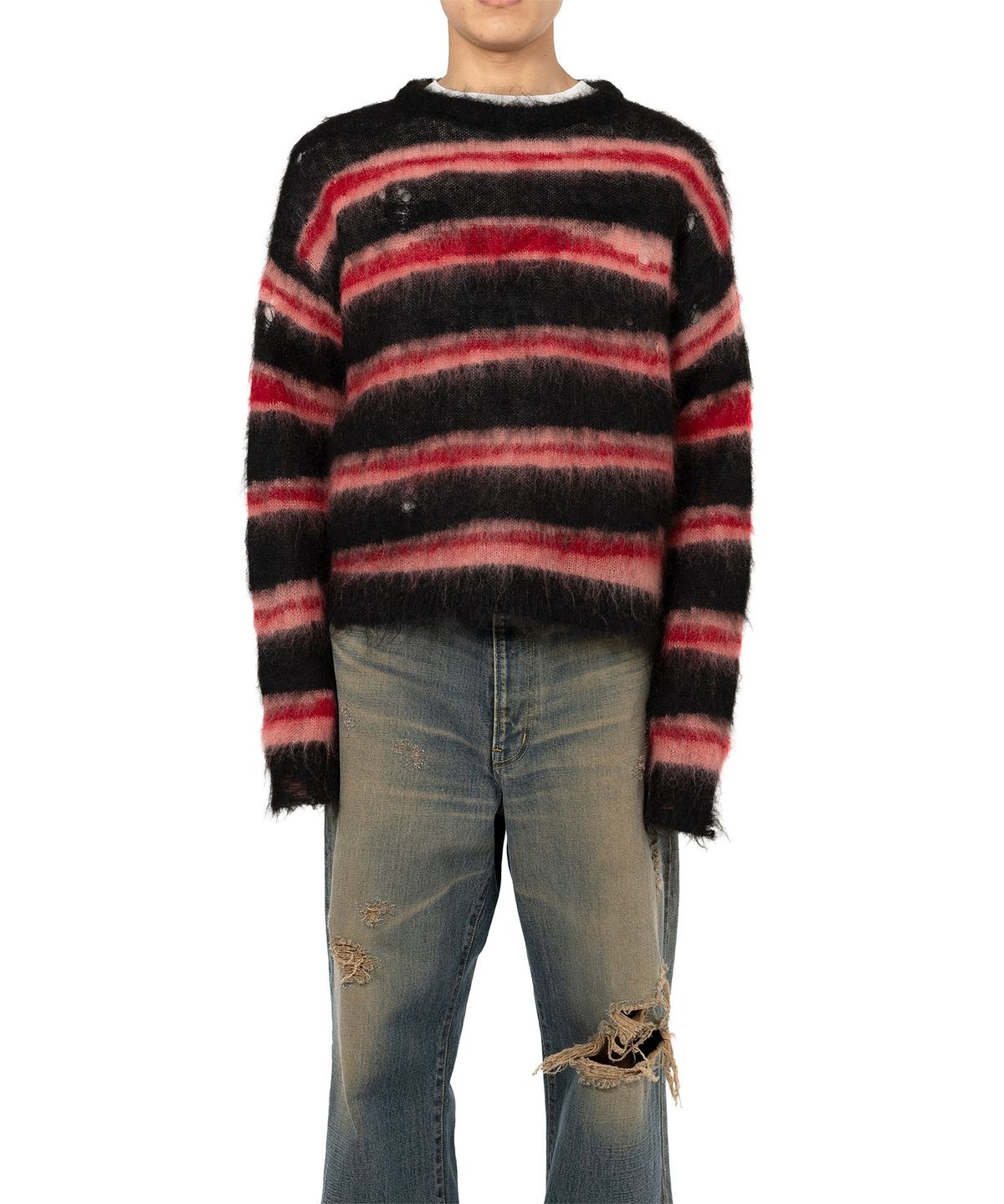 카미야(KAMIYA) Distressed Border Mohair Sweater - BLACK