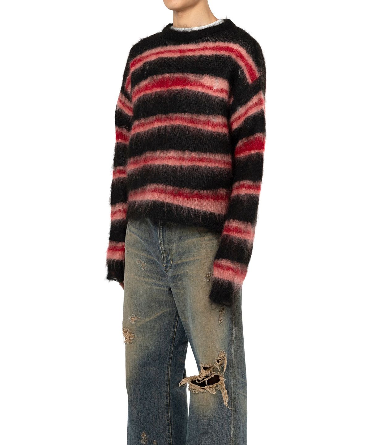카미야(KAMIYA) Distressed Border Mohair Sweater - BLACK