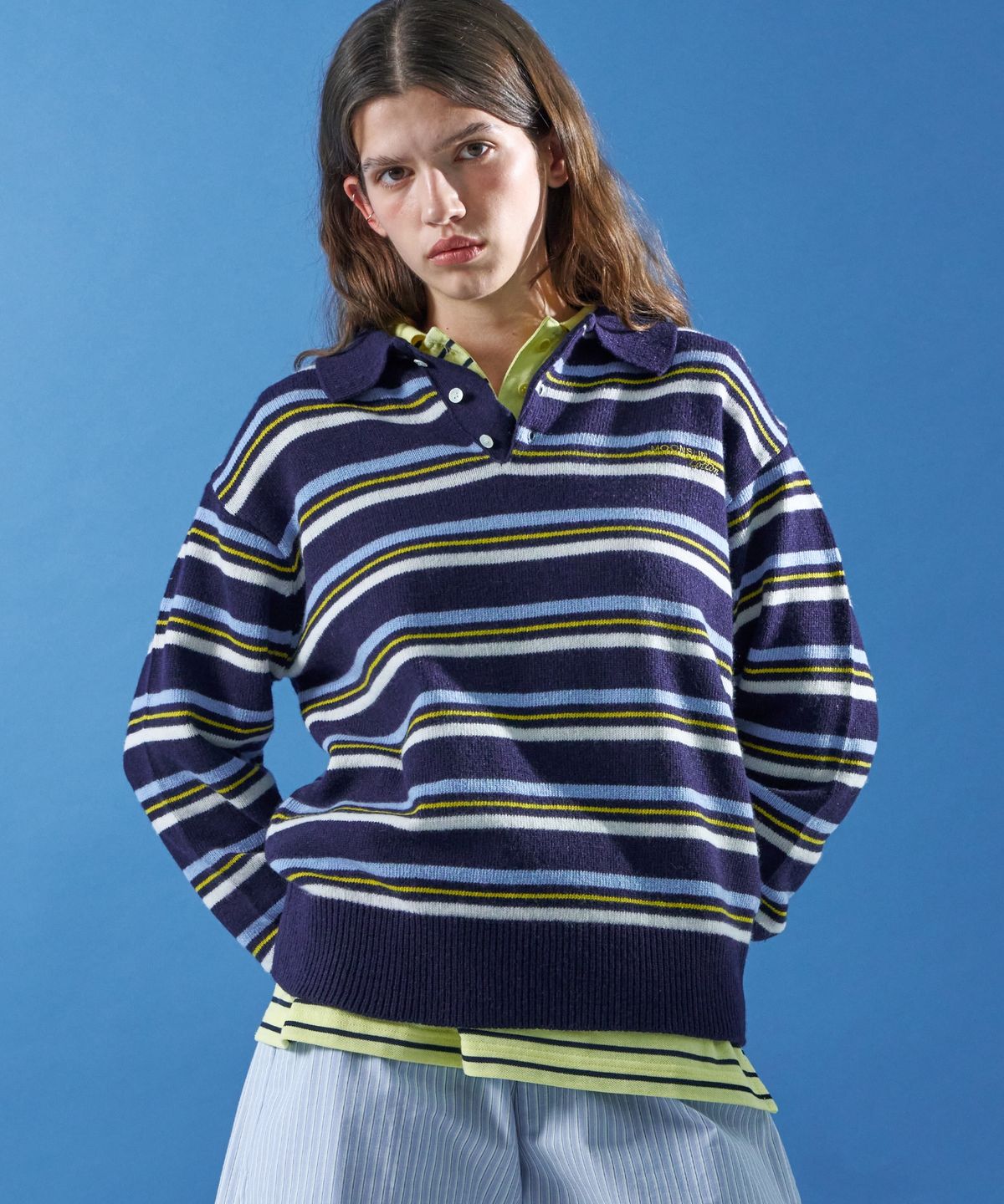 문선(MOONSUN) M.C UNISEX, Stripe Wool Collar Knit / Navy