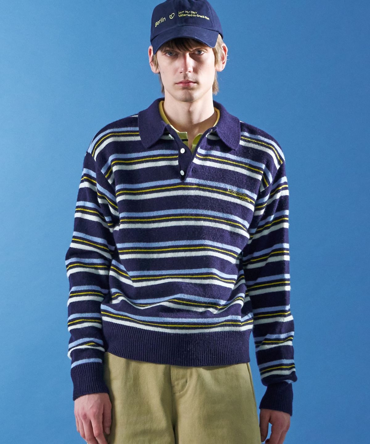 문선(MOONSUN) M.C UNISEX, Stripe Wool Collar Knit / Navy