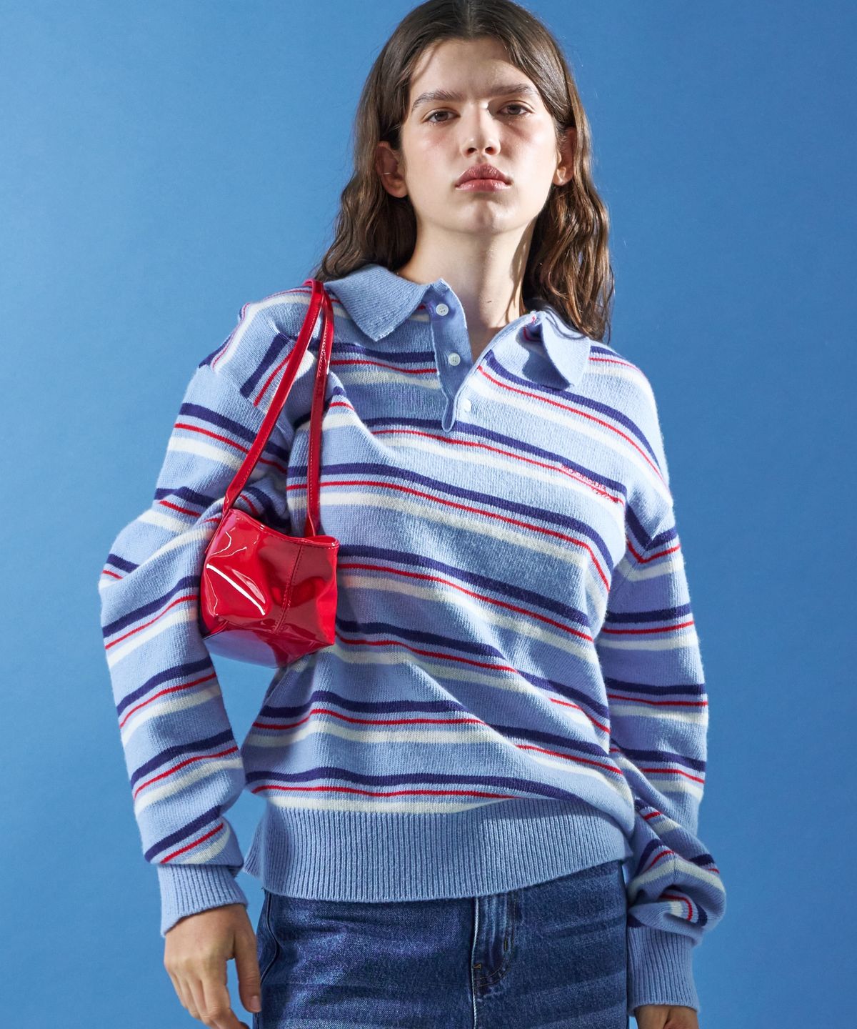 문선 아카이브(MOONSUN ARCHIVE) M.C UNISEX, Stripe Wool Collar Knit / Sky blue