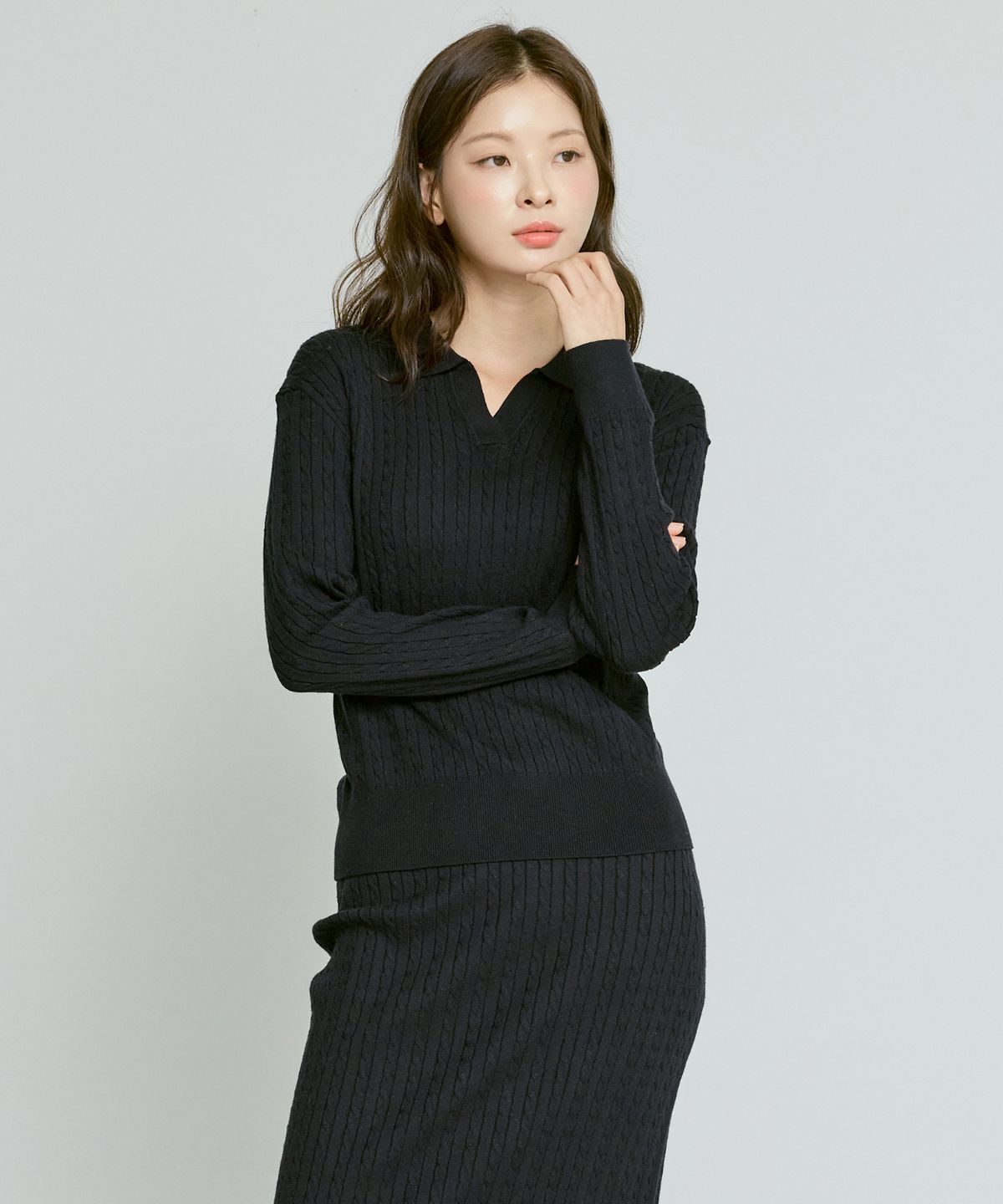 210에디트(210EDIT) 여성 케이블 슬릿넥 니트 [네이비]_ZF4SW515