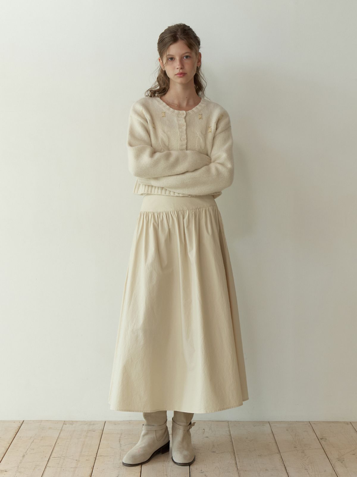 리엘(RE L) Fiord shirring skirt (beige)