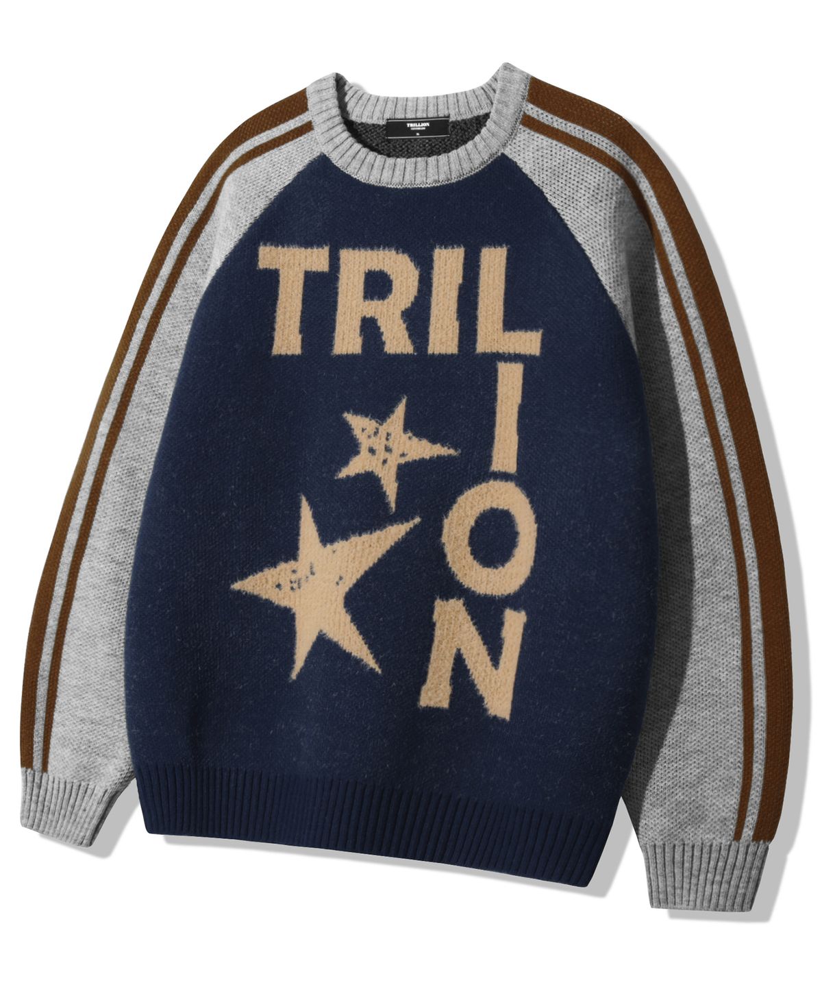 트릴리온(TRILLION) 워셔블 레글런 헤어리 그래픽 트랙 니트_네이비