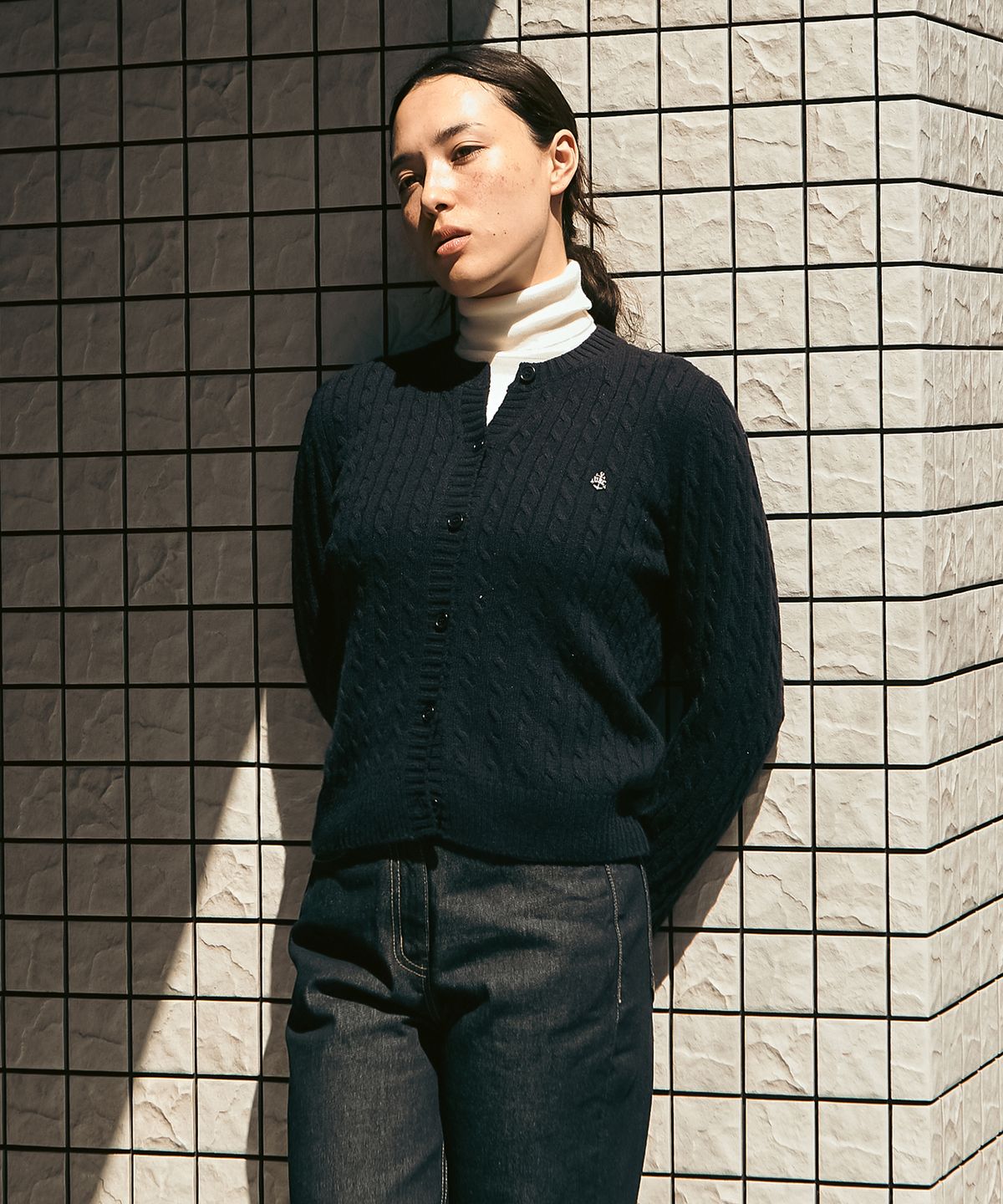 유니폼브릿지(UNIFORM BRIDGE) cashmere blended cable knit cardigan(womens) dark navy