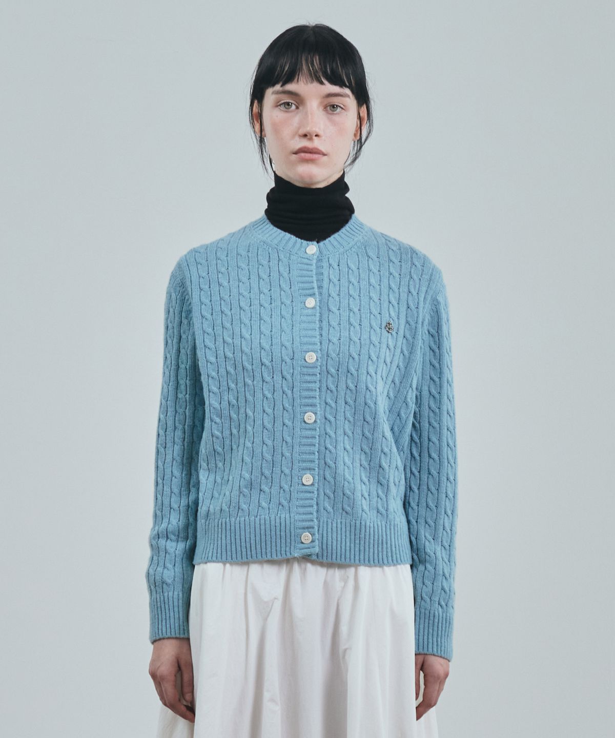 유니폼브릿지(UNIFORM BRIDGE) cashmere blended cable knit cardigan(womens) sky blue