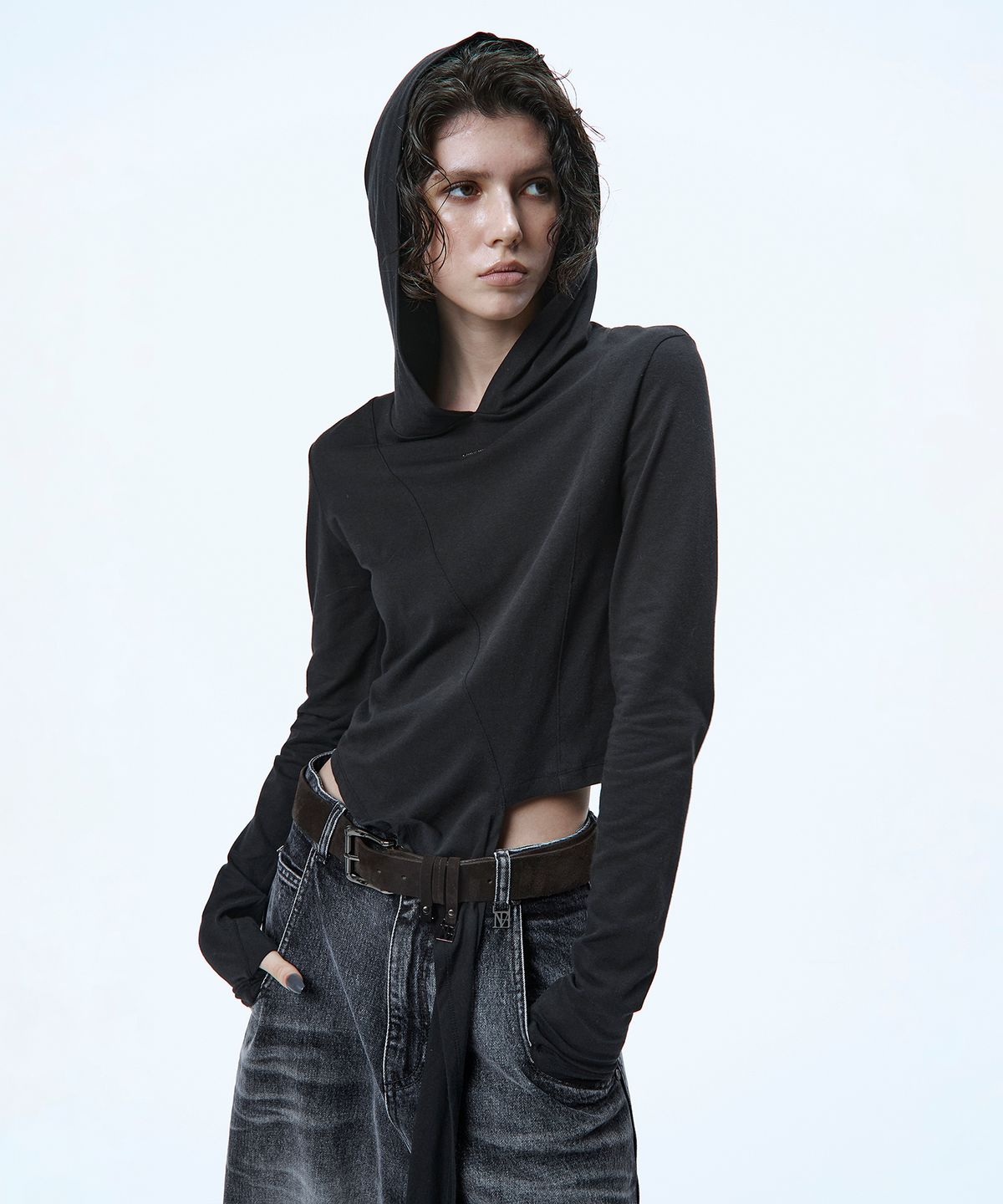 트리밍버드(TREEMINGBIRD) Tie Long Sleeve Hoodie [ Black ]