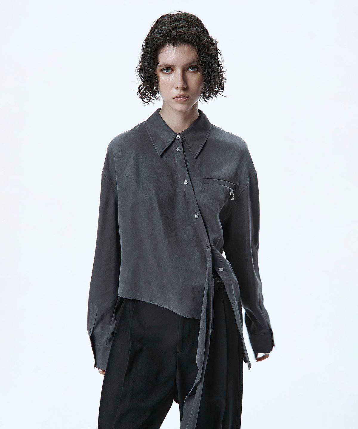 트리밍버드(TREEMINGBIRD) Asymmetric Wrap Tie Shirt [ Gray ]