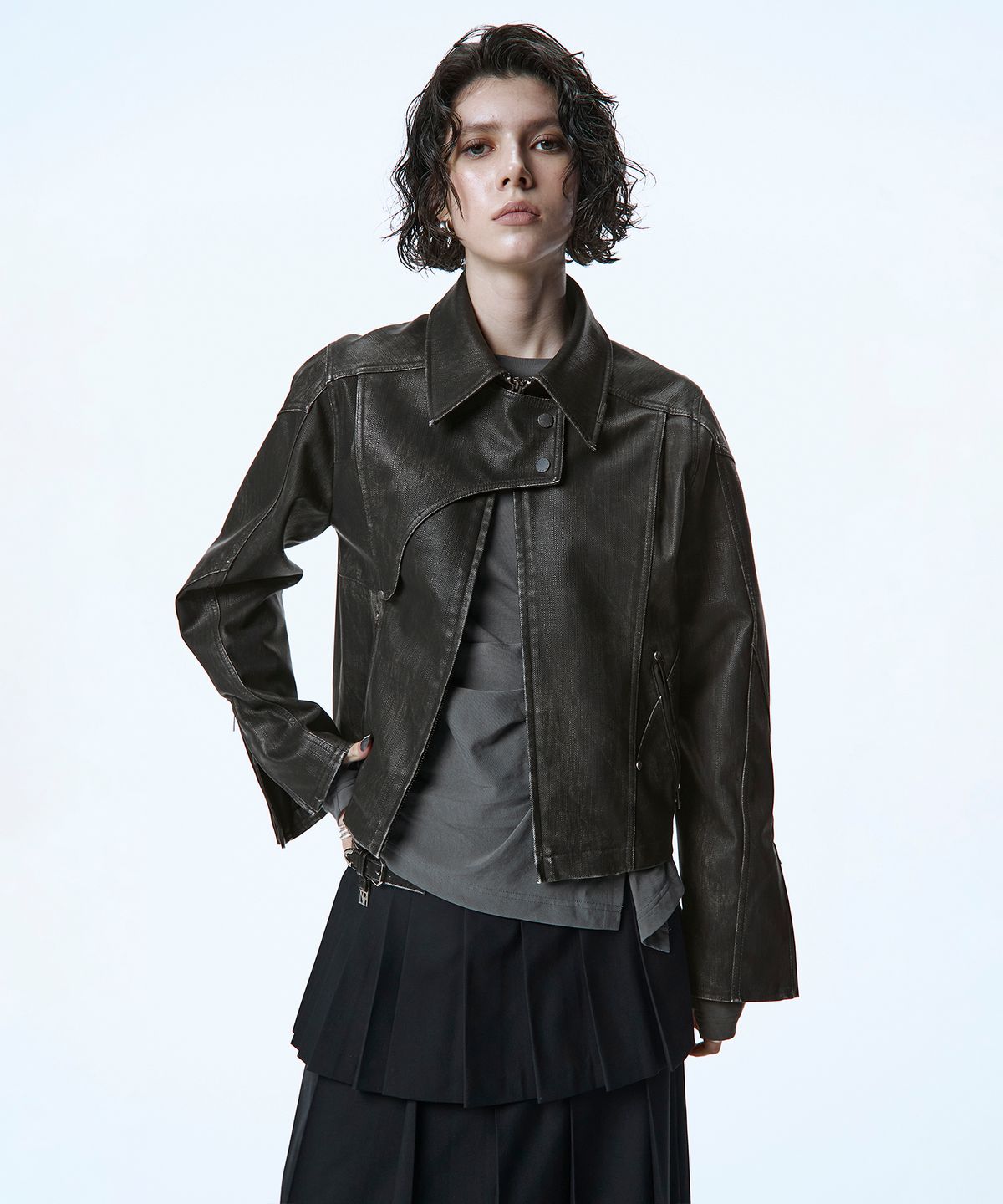 트리밍버드(TREEMINGBIRD) Vintage Washed Leather Jacket [ Dark brown ]