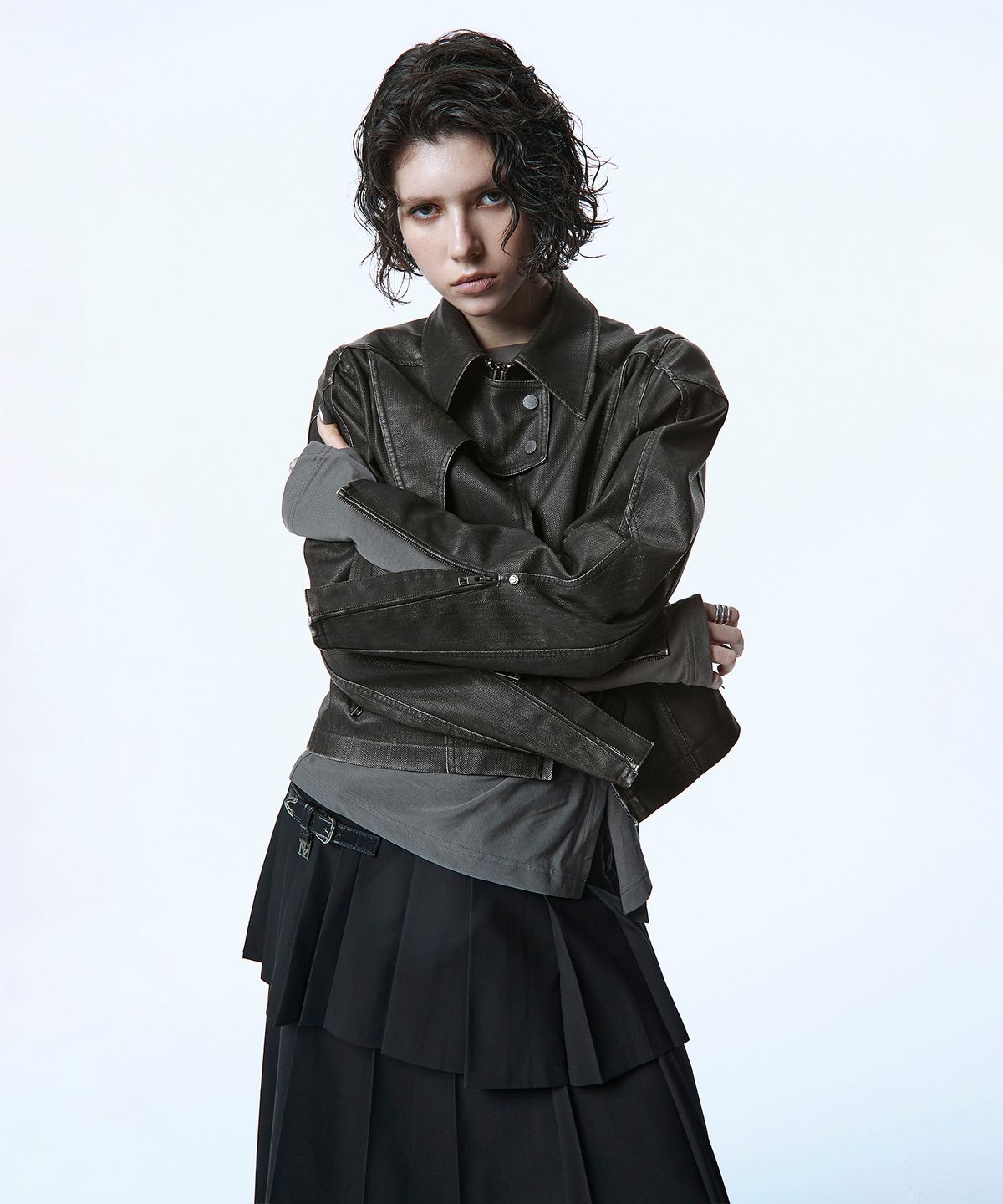 트리밍버드(TREEMINGBIRD) Vintage Washed Leather Jacket [ Dark brown ]
