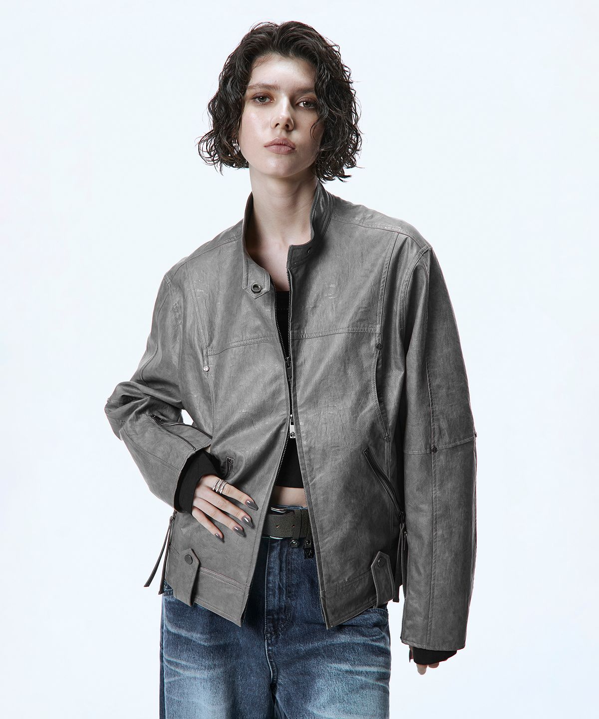 트리밍버드(TREEMINGBIRD) Over-Fit Leather Biker Jacket [ Gray ]