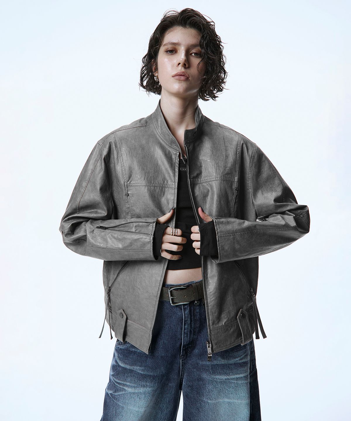 트리밍버드(TREEMINGBIRD) Over-Fit Leather Biker Jacket [ Gray ]