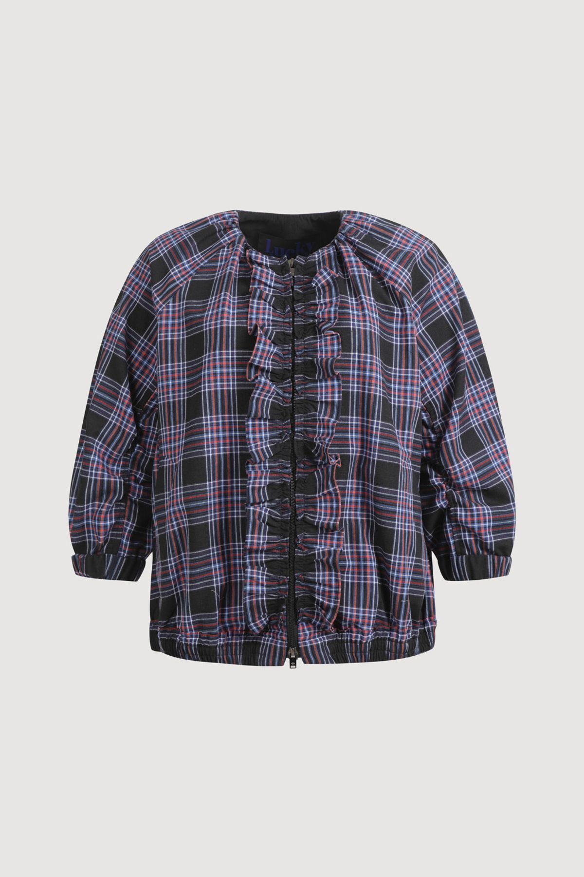 럭키슈에뜨(LUCKY CHOUETTE) Check Round Neck Front Frill Jumper (dark navy) LFUAM25500NYD