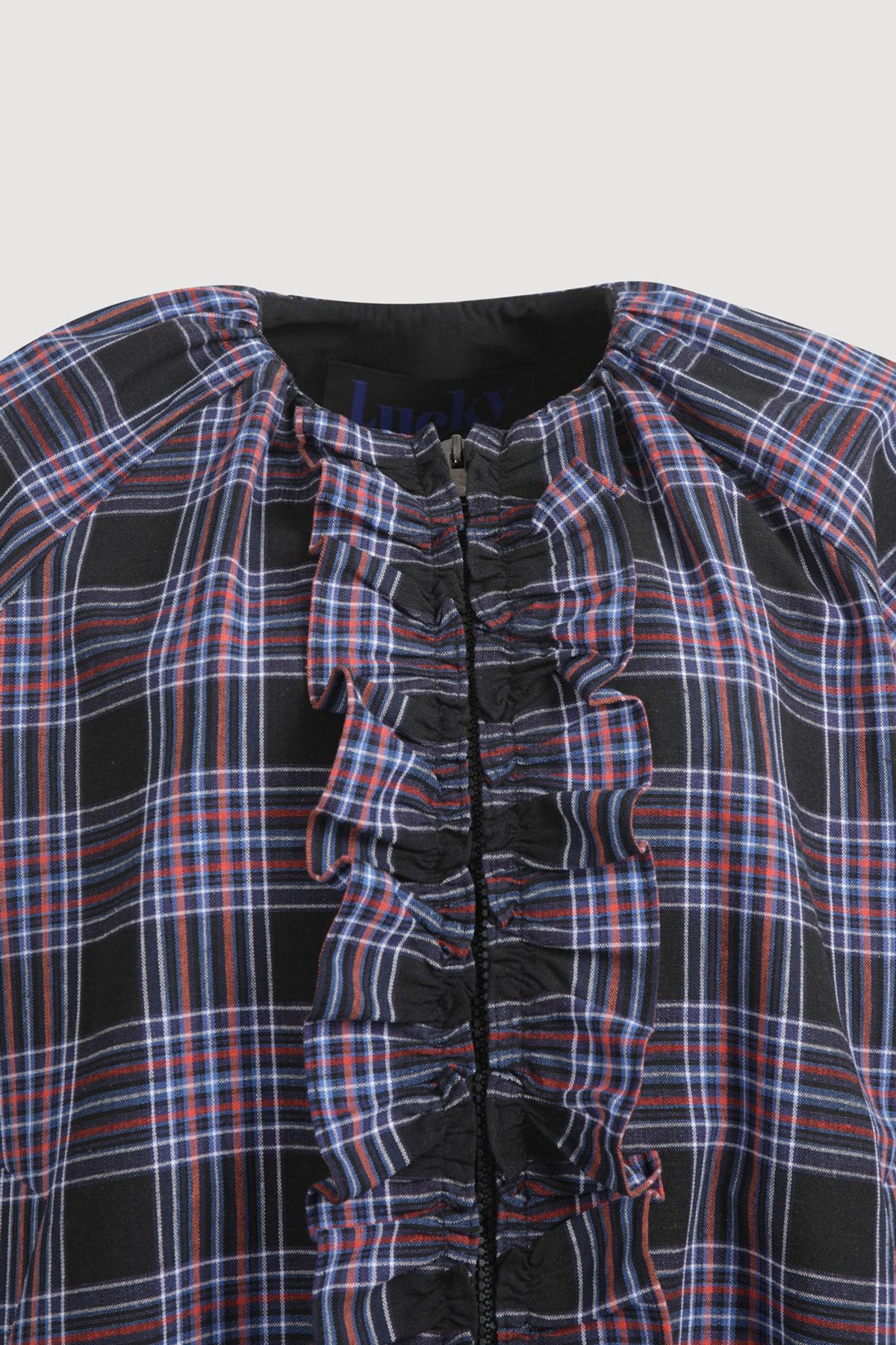 럭키슈에뜨(LUCKY CHOUETTE) Check Round Neck Front Frill Jumper (dark navy) LFUAM25500NYD
