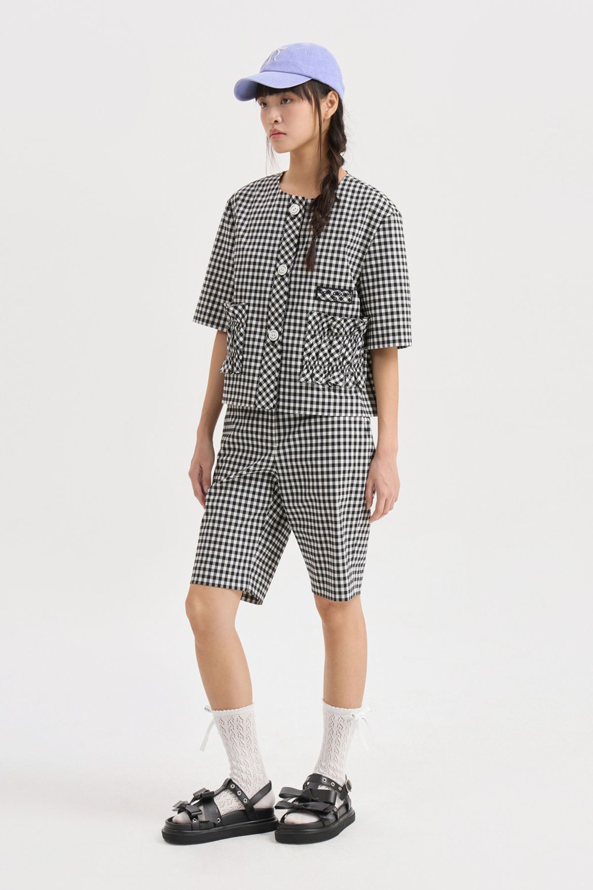 럭키슈에뜨(LUCKY CHOUETTE) Gingham Check Round Neck Half Sleeve Jacket (black) LFJAM25510BKX