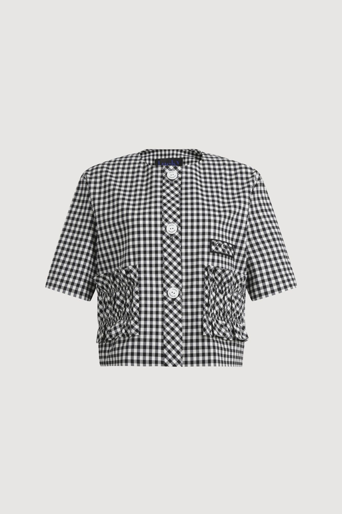 럭키슈에뜨(LUCKY CHOUETTE) Gingham Check Round Neck Half Sleeve Jacket (black) LFJAM25510BKX