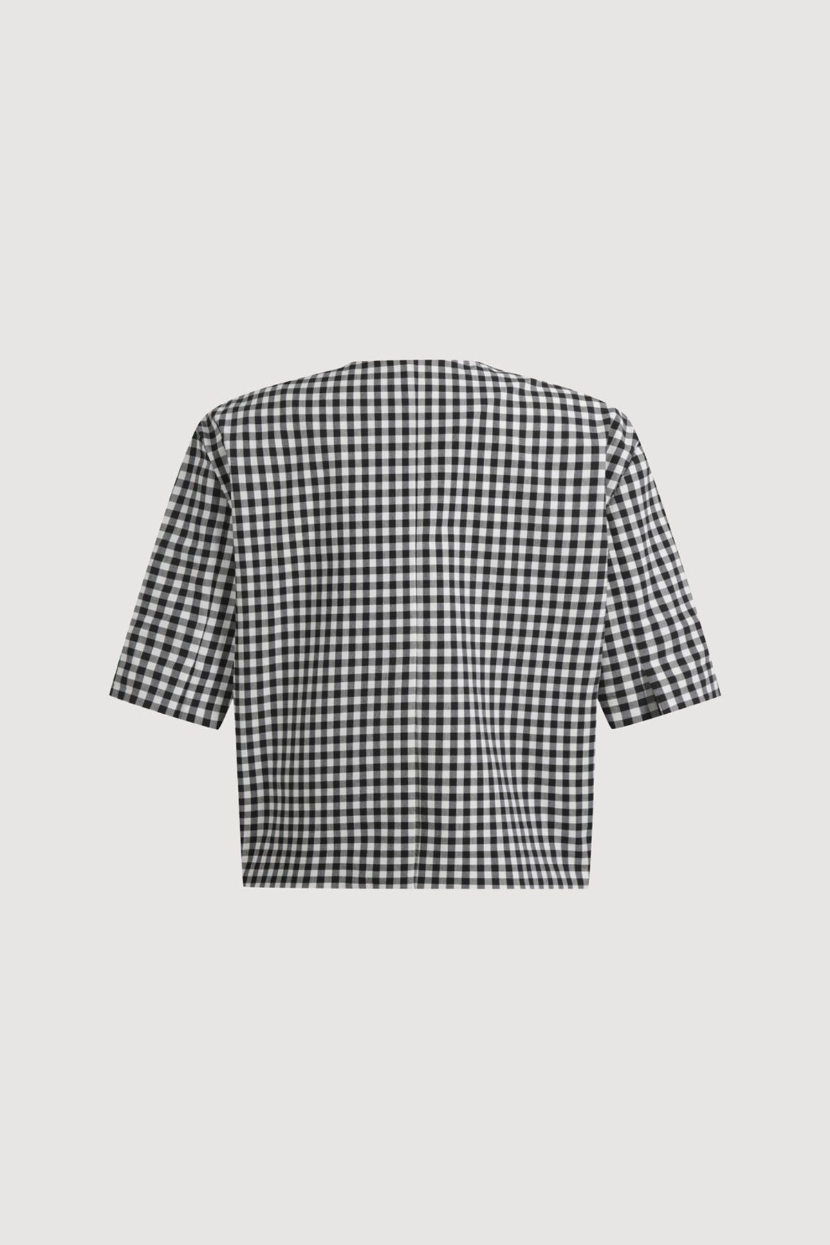 럭키슈에뜨(LUCKY CHOUETTE) Gingham Check Round Neck Half Sleeve Jacket (black) LFJAM25510BKX