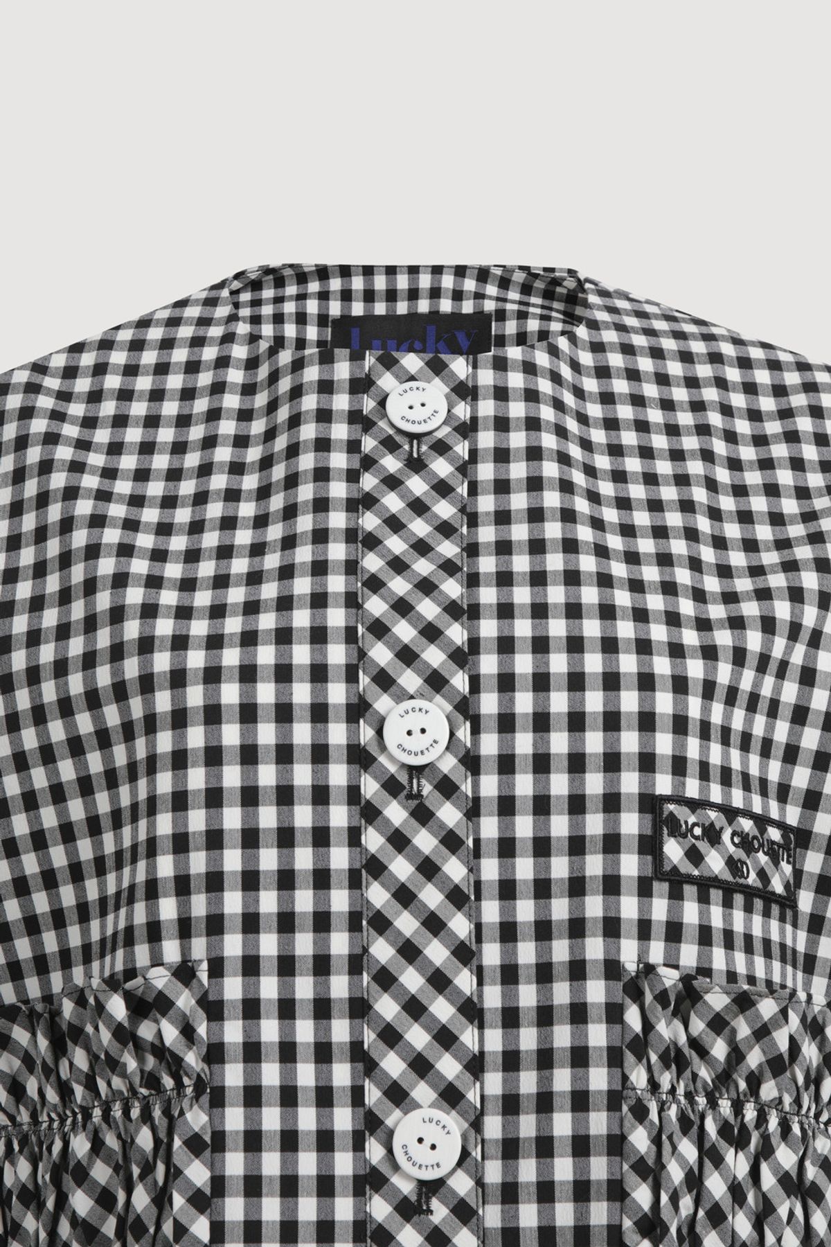 럭키슈에뜨(LUCKY CHOUETTE) Gingham Check Round Neck Half Sleeve Jacket (black) LFJAM25510BKX