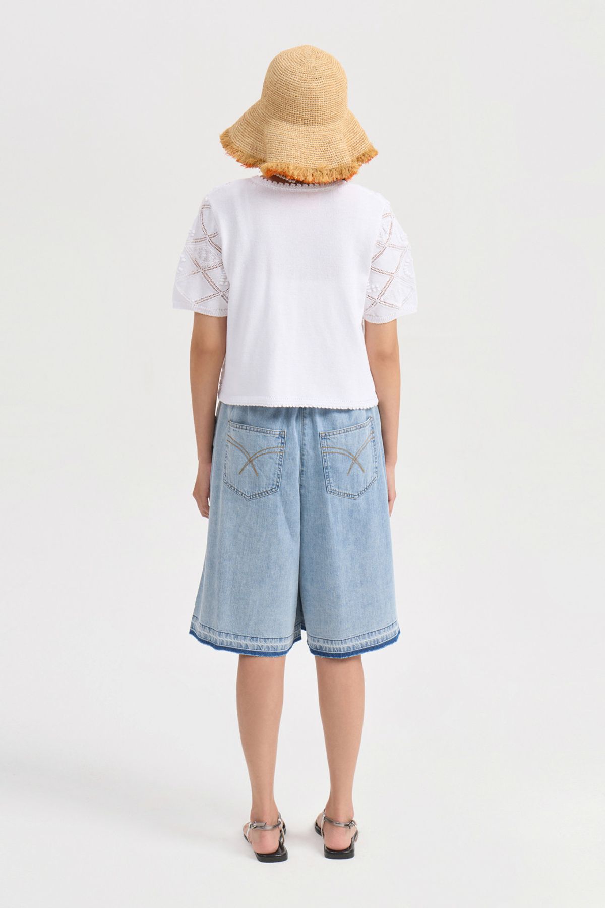 럭키슈에뜨(LUCKY CHOUETTE) Crochet Round Neck Half Sleeve Knit Cardigan (black) LFWCM25500WHX