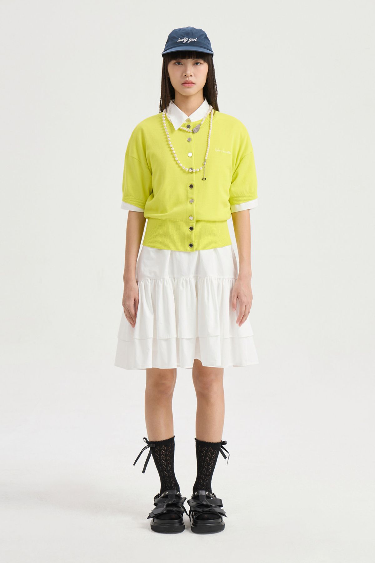 럭키슈에뜨(LUCKY CHOUETTE) Essential Half Sleeve Knit Cardigan (yellow) LFWCM25410YEX