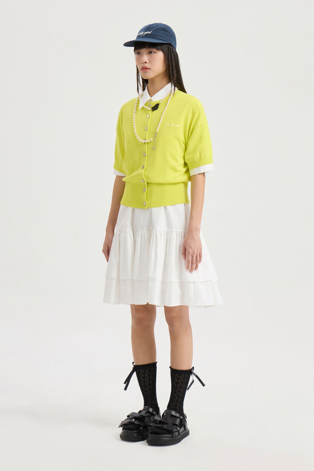 럭키슈에뜨(LUCKY CHOUETTE) Essential Half Sleeve Knit Cardigan (yellow) LFWCM25410YEX