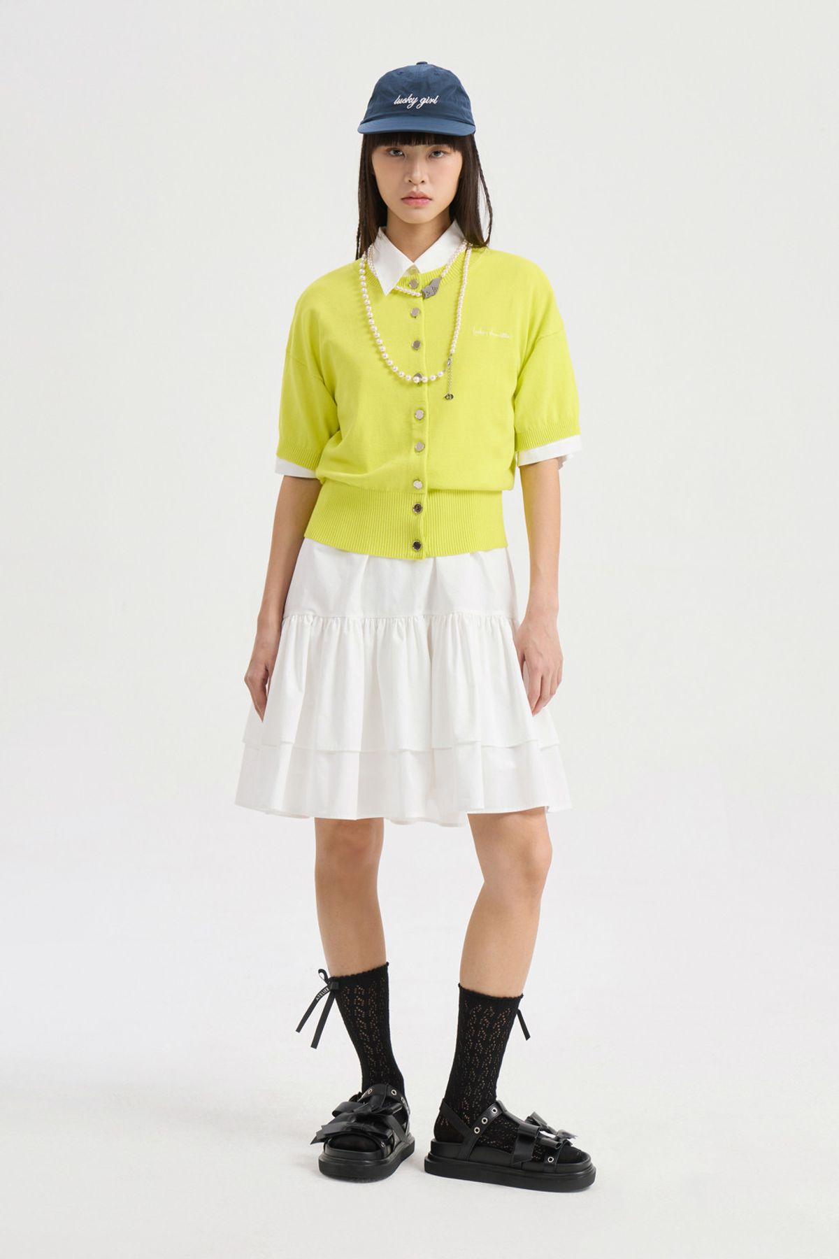 럭키슈에뜨(LUCKY CHOUETTE) Essential Half Sleeve Knit Cardigan (yellow) LFWCM25410YEX