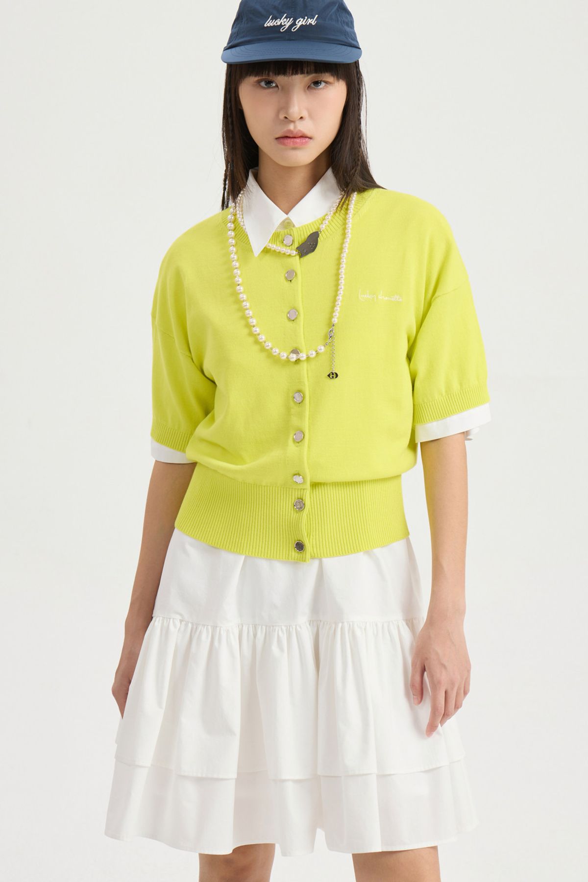 럭키슈에뜨(LUCKY CHOUETTE) Essential Half Sleeve Knit Cardigan (yellow) LFWCM25410YEX