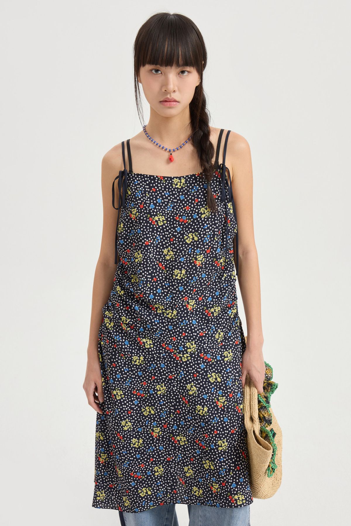럭키슈에뜨(LUCKY CHOUETTE) Dot Flower Slip Shirring Dress (multi color) LFDAM25570XXX
