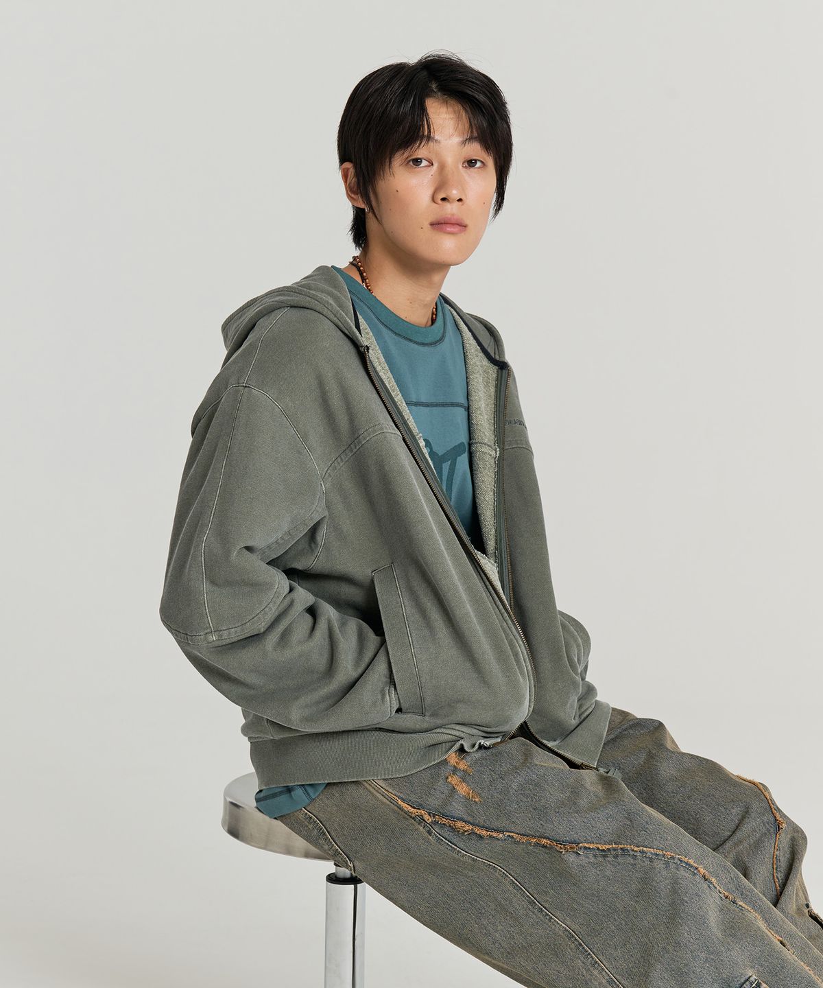 논타입(NONTYPE) BLEACHED HOODIE ZIP UP (KHAKI)
