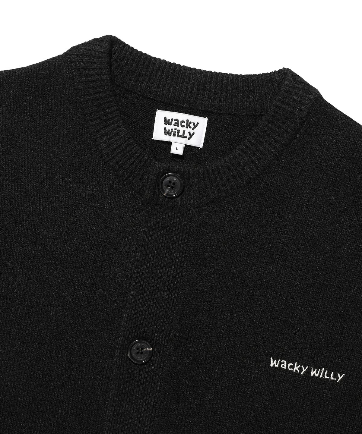 와키윌리(WACKY WILLY) 타이포 로고 라운드넥 가디건 블랙