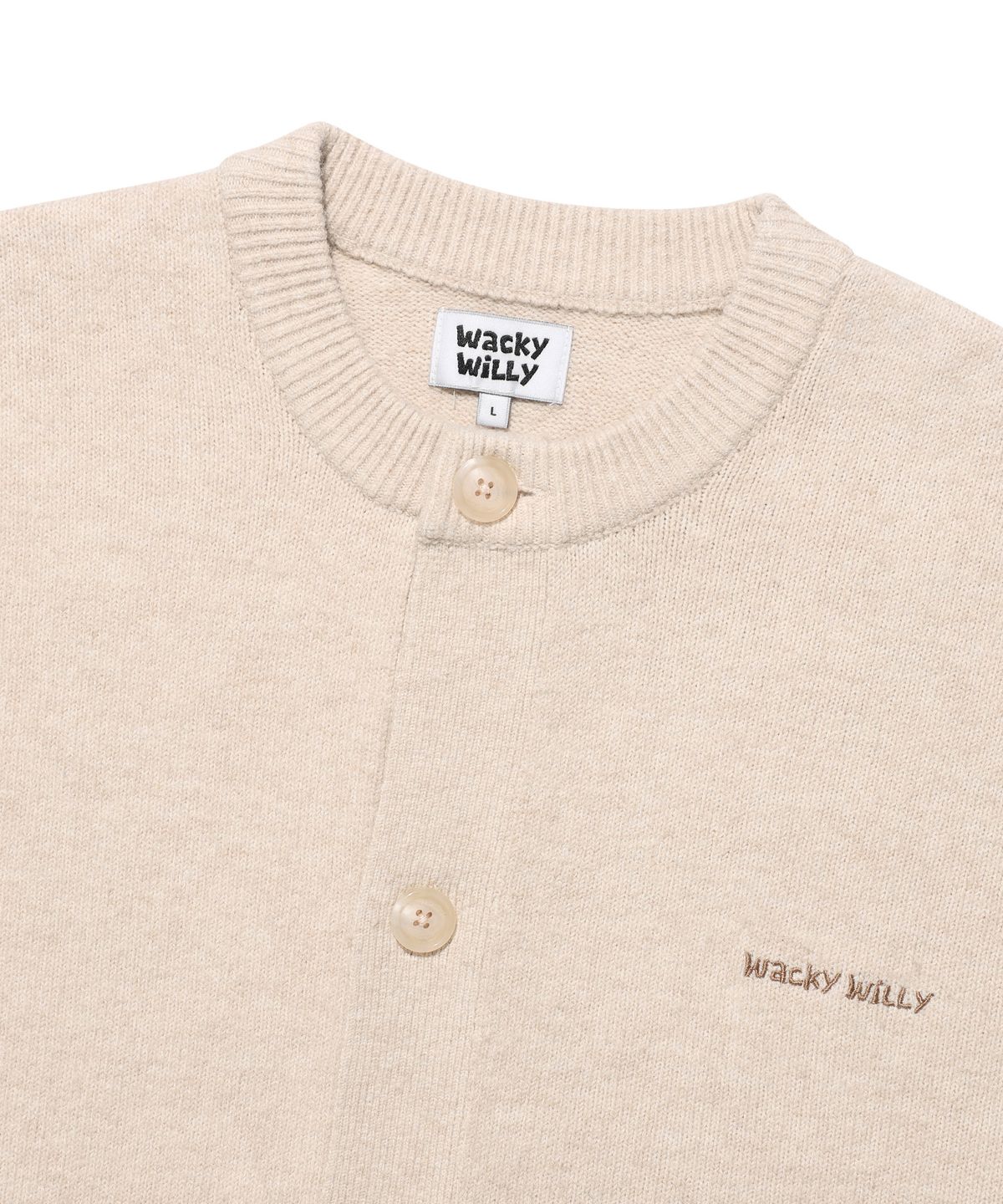 와키윌리(WACKY WILLY) 타이포 로고 라운드넥 가디건 베이지