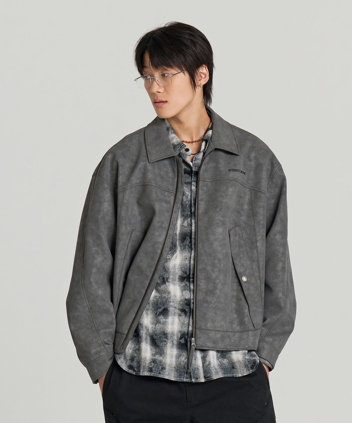 논타입(NONTYPE) SYNTHETIC LEATHER SECTOR JACKET (GREY)